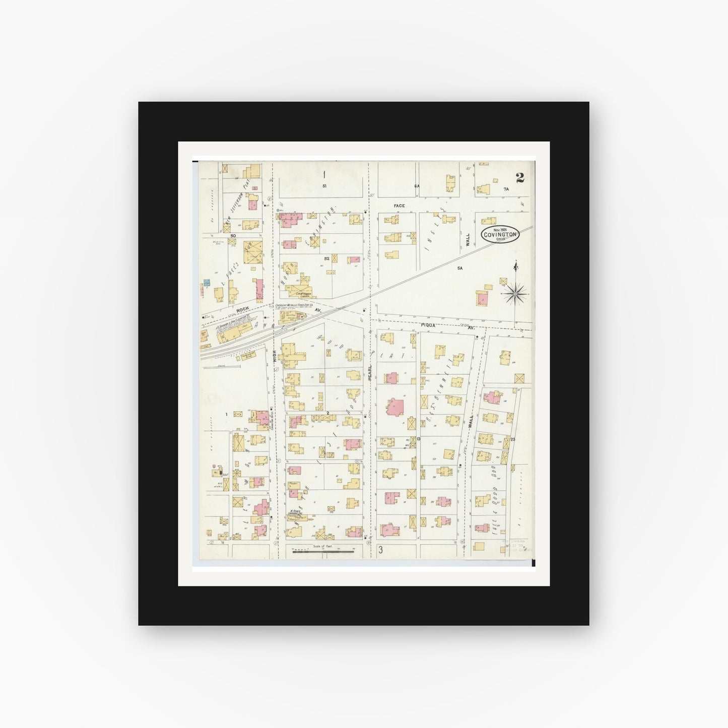 Old map wall art mockup — black gallery frame with white mat — Sanborn Fire Insurance Map from Covington, Miami County, Ohio (1905), Sheet #0002