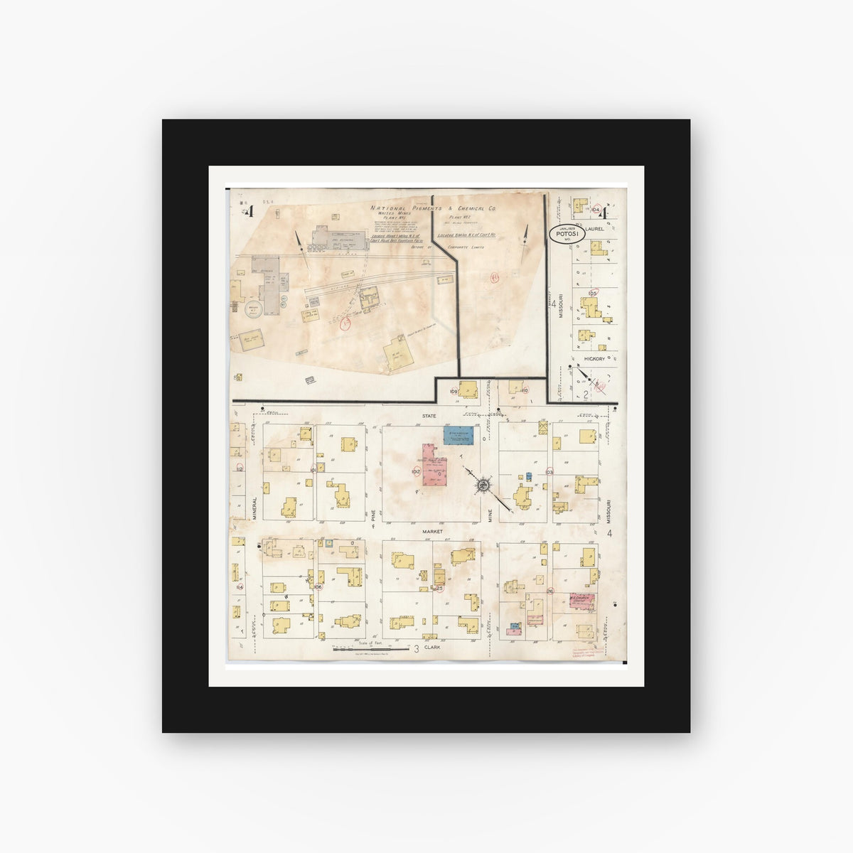 Old map wall art mockup — black gallery frame with white mat — Sanborn Fire Insurance Map from Potosi, Washngton County, Missouri (1942), Sheet #0004