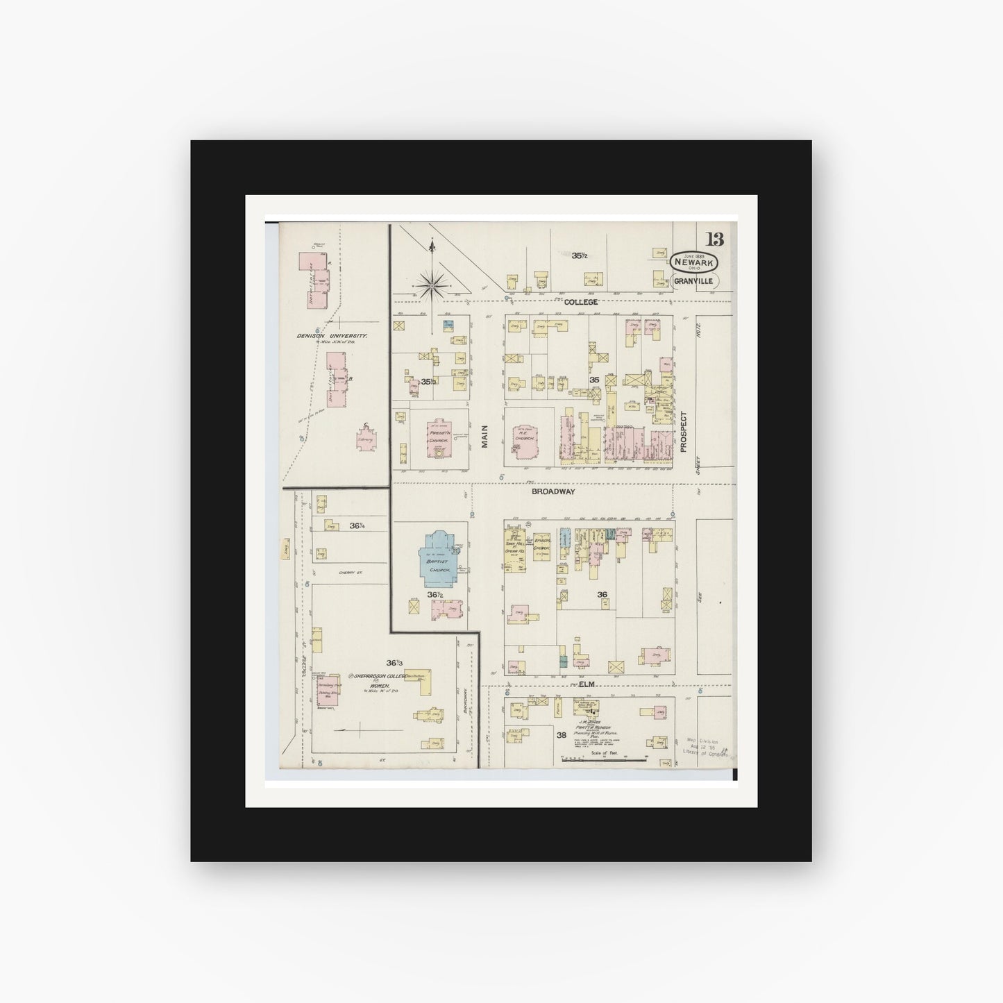 Old map wall art mockup — black gallery frame with white mat — Sanborn Fire Insurance Map from Newark, Licking County, Ohio (1889), Sheet #0013