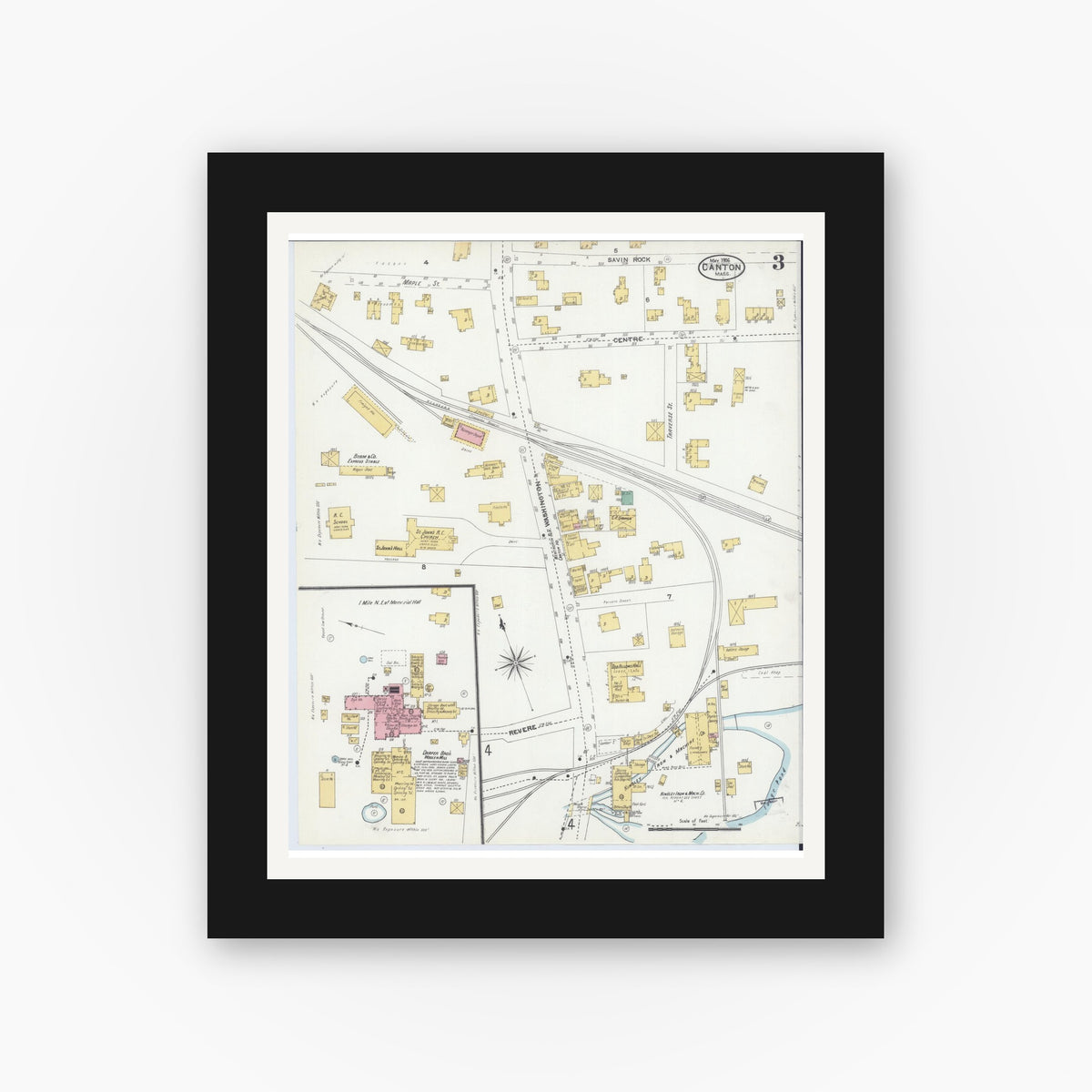 Old map wall art mockup — black gallery frame with white mat — Sanborn Fire Insurance Map from Canton, Norfolk County, Massachusetts (1906), Sheet #0003