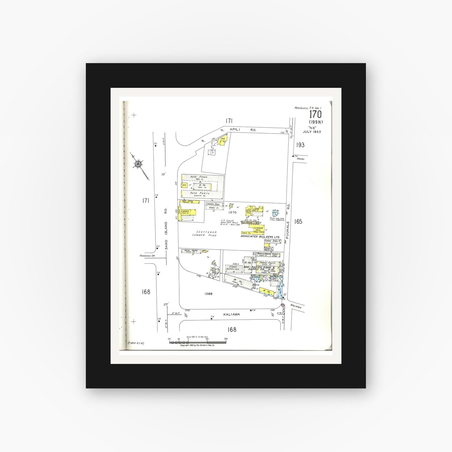 Old map wall art mockup — black gallery frame with white mat — Sanborn Fire Insurance Map from Honolulu, Oahu County, Hawaii (1955), Sheet #0170