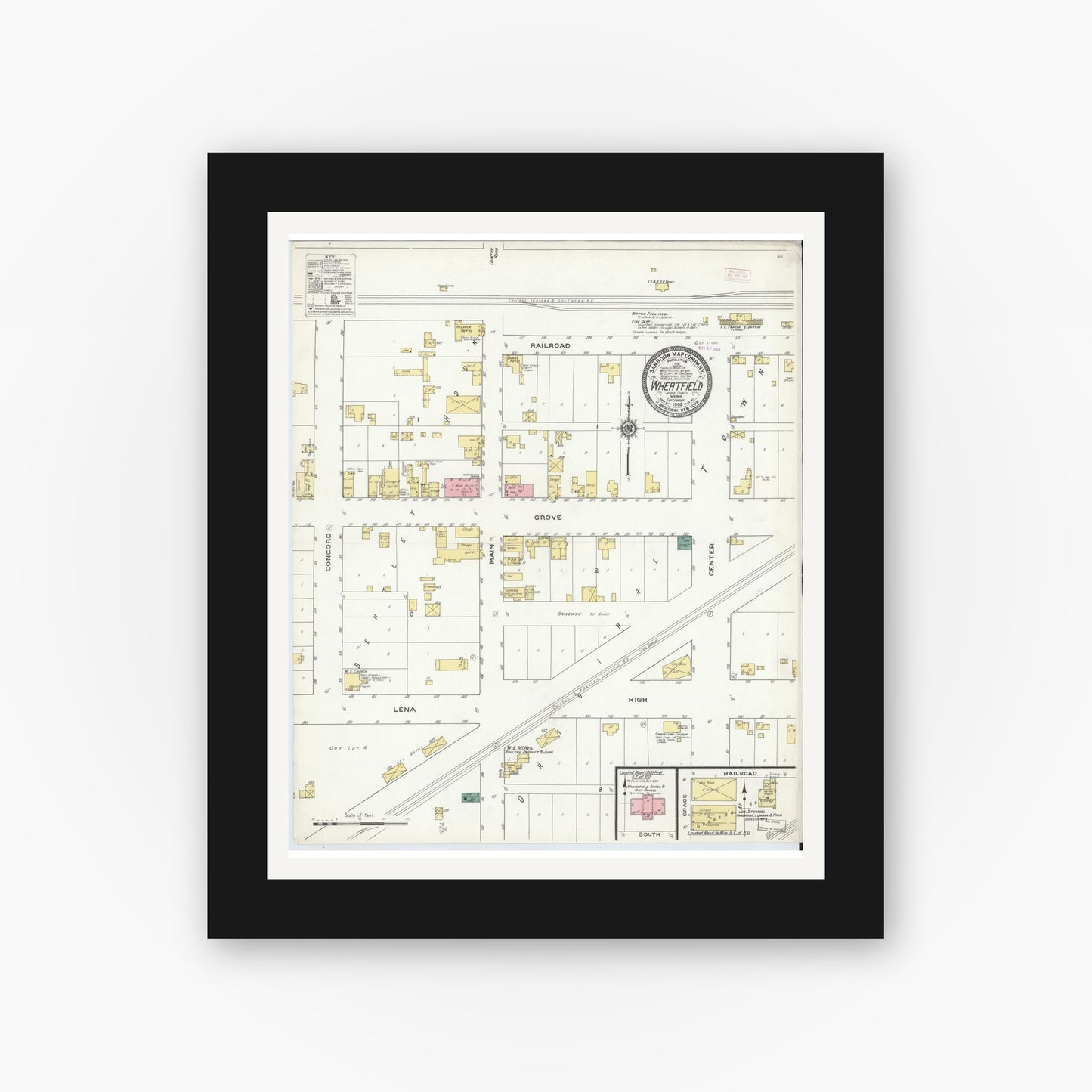 Old map wall art mockup — black gallery frame with white mat — Sanborn Fire Insurance Map from Wheatfield, Jasper County, Indiana (1909), Sheet #0001