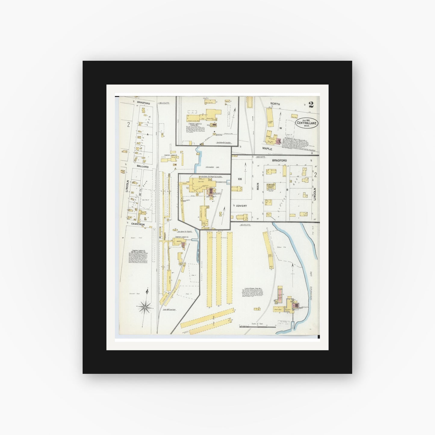 Old map wall art mockup — black gallery frame with white mat — Sanborn Fire Insurance Map from Central Lake, Antrim County, Michigan (1901), Sheet #0002