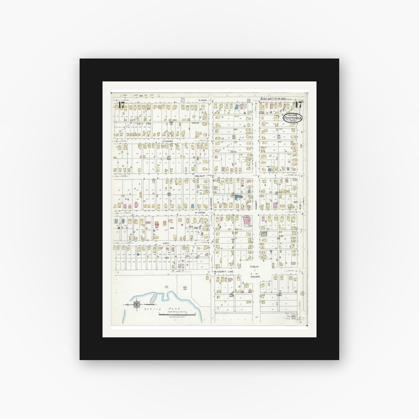 Old map wall art mockup — black gallery frame with white mat — Sanborn Fire Insurance Map from Fostoria, Seneca, Hancock, And Wood Counties, Ohio (1924), Sheet #0017