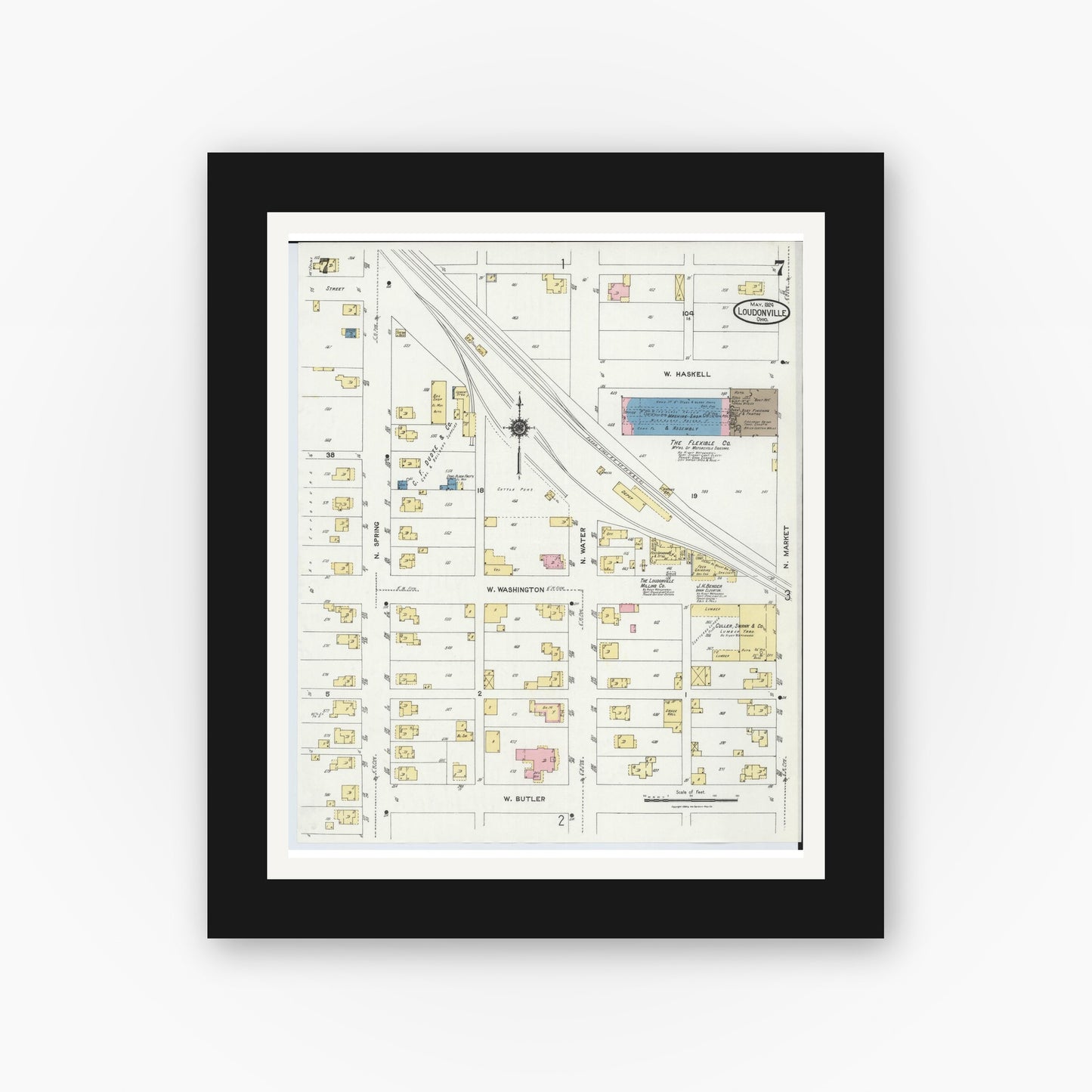Old map wall art mockup — black gallery frame with white mat — Sanborn Fire Insurance Map from Loudonville, Ashland County, Ohio (1924), Sheet #0007