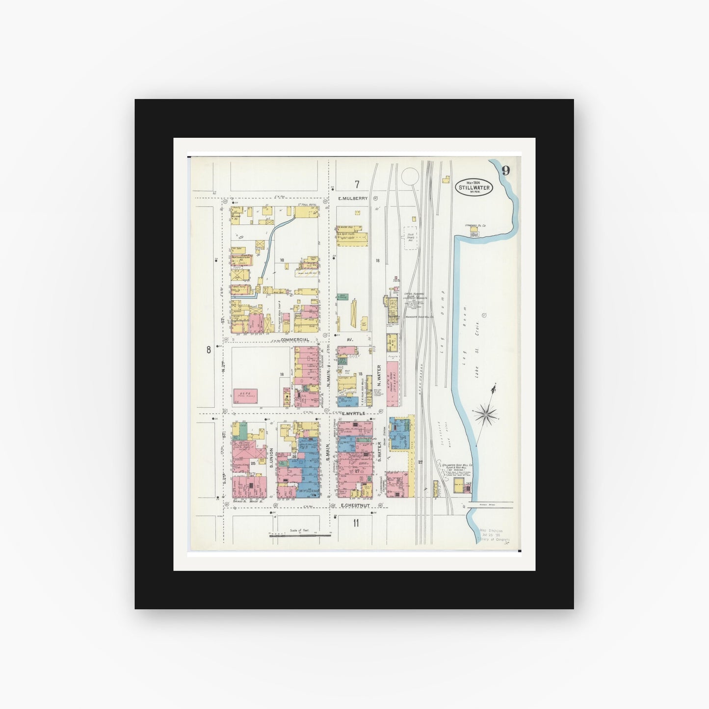 Old map wall art mockup — black gallery frame with white mat — Sanborn Fire Insurance Map from Stillwater, Washington County, Minnesota (1904), Sheet #0009