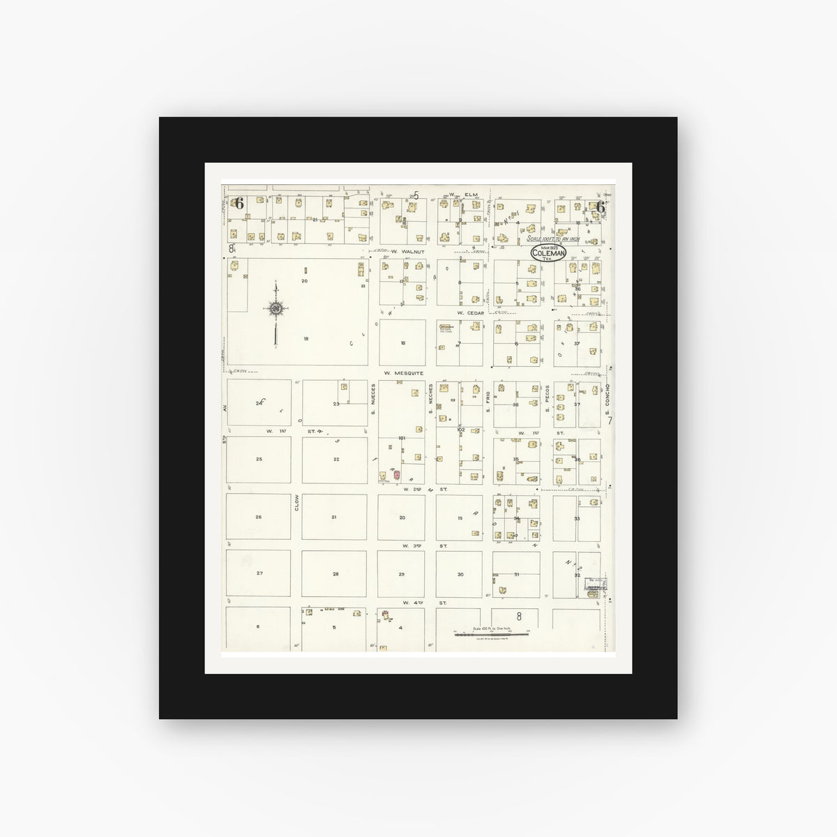 Old map wall art mockup — black gallery frame with white mat — Sanborn Fire Insurance Map from Coleman, Coleman County, Texas (1923), Sheet #0006