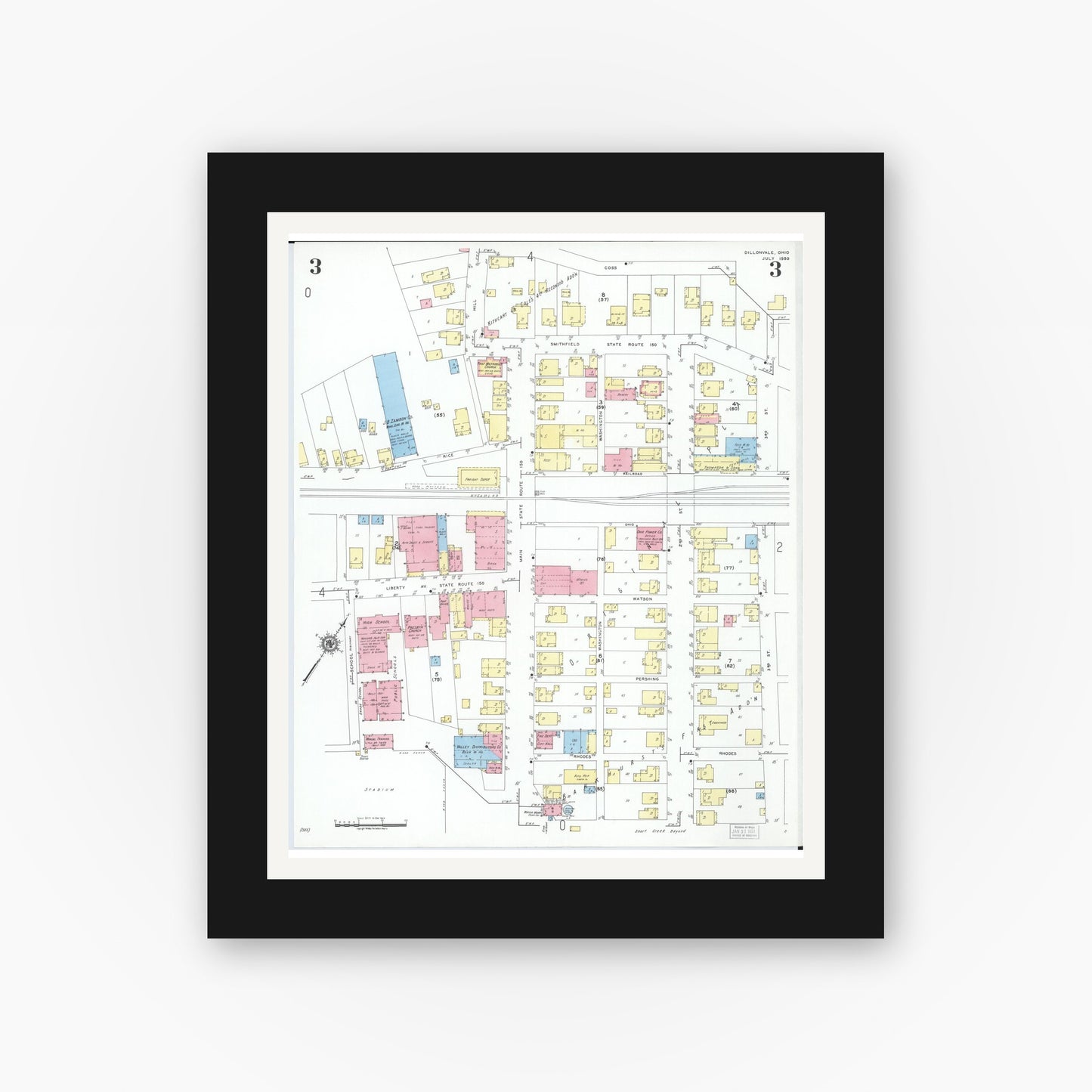 Old map wall art mockup — black gallery frame with white mat — Sanborn Fire Insurance Map from Dillonvale, Jefferson County, Ohio (1950), Sheet #0003