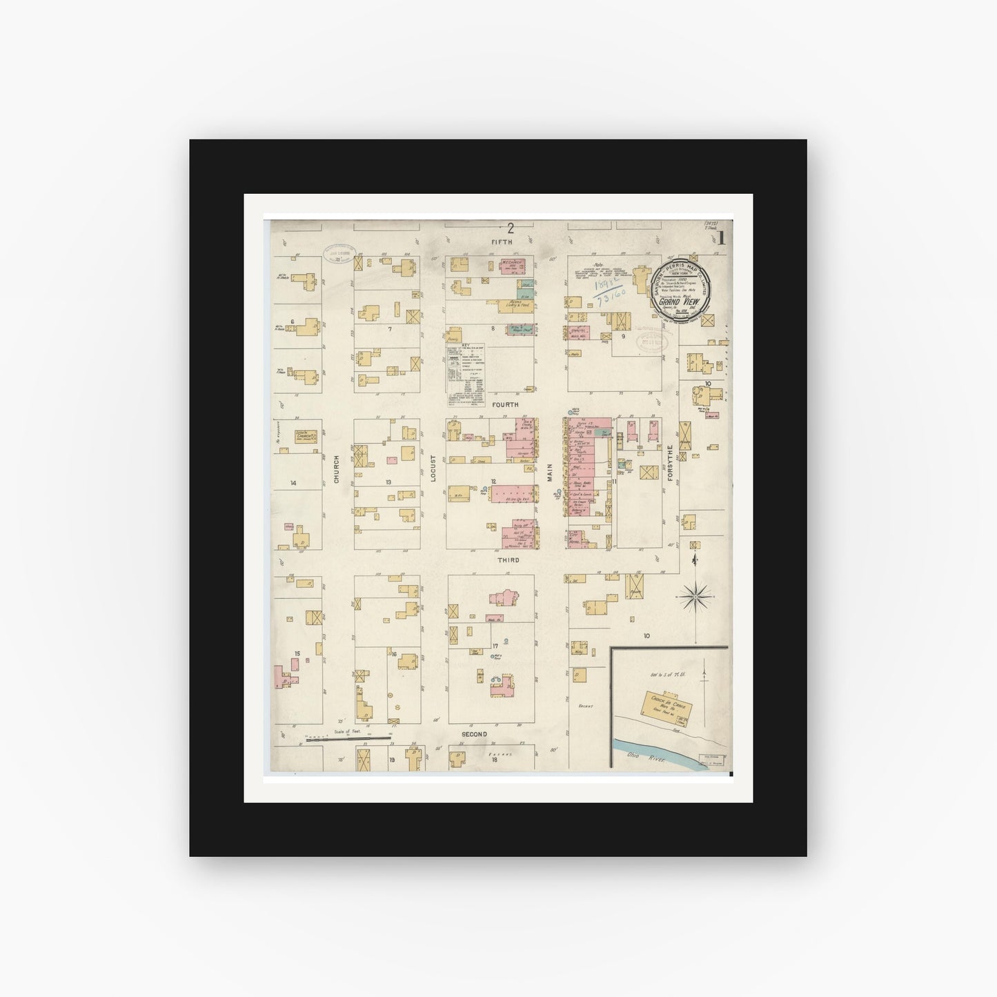 Old map wall art mockup — black gallery frame with white mat — Sanborn Fire Insurance Map from Grand View, Spencer County, Indiana (1898) - Complete Map Set