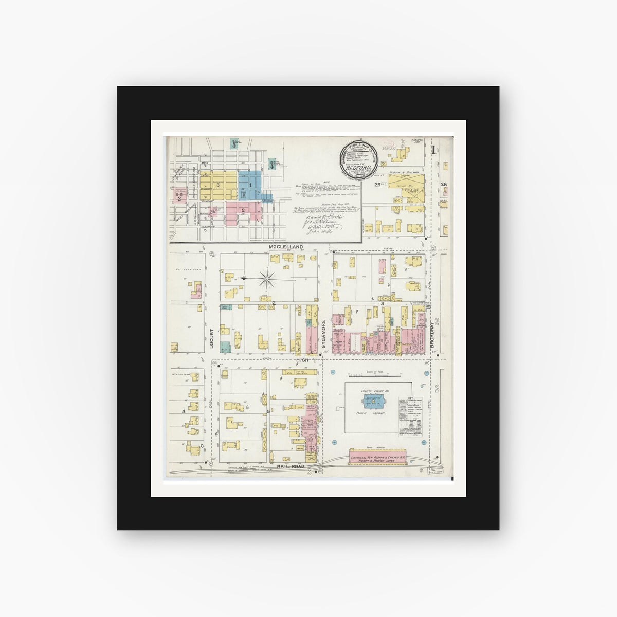 Old map wall art mockup — black gallery frame with white mat — Sanborn Fire Insurance Map from Bedford, Lawrence County, Indiana (1892) - Complete Map Set
