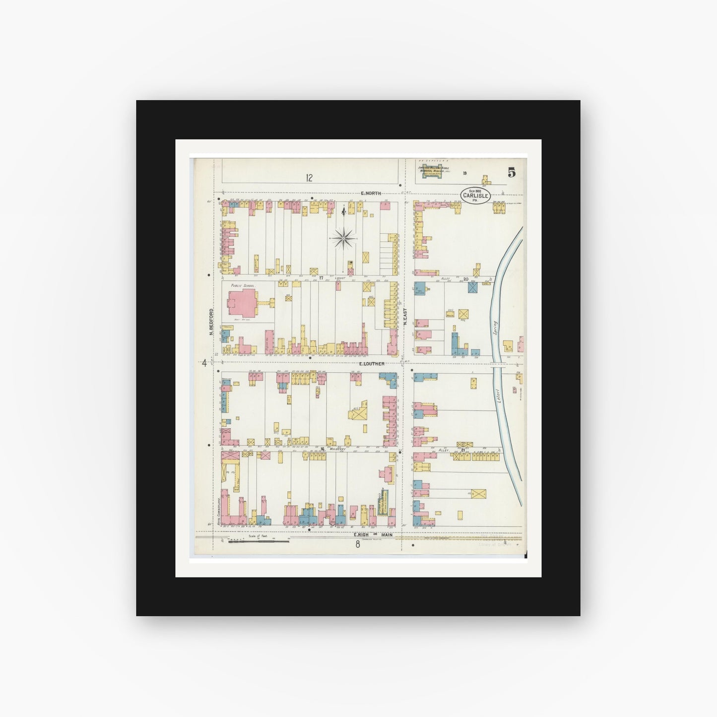 Old map wall art mockup — black gallery frame with white mat — Sanborn Fire Insurance Map from Carlisle, Cumberland County, Pennsylvania (1902), Sheet #0005