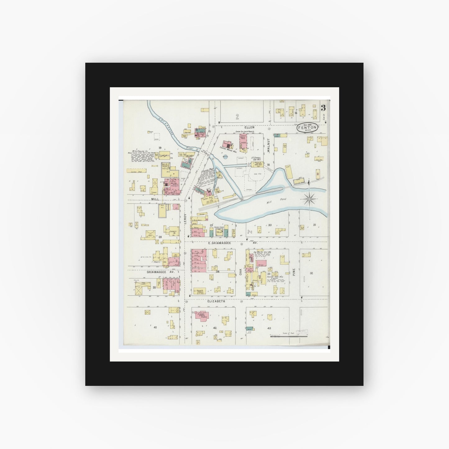 Old map wall art mockup — black gallery frame with white mat — Sanborn Fire Insurance Map from Fenton, Genesee County, Michigan (1895), Sheet #0003
