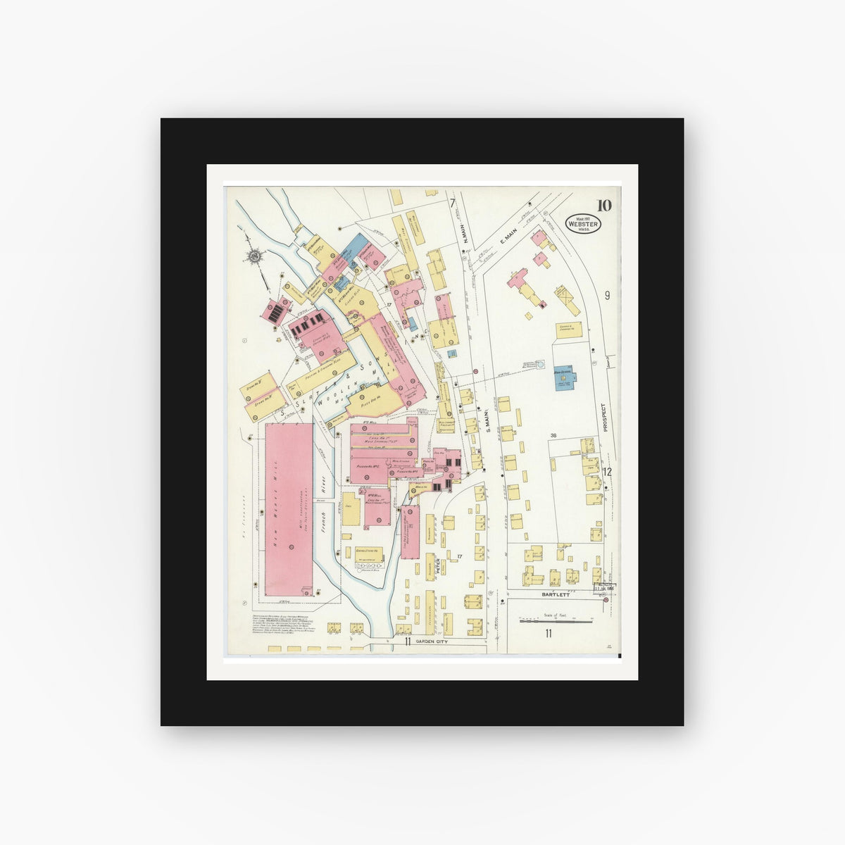 Old map wall art mockup — black gallery frame with white mat — Sanborn Fire Insurance Map from Webster, Worcester County, Massachusetts (1911), Sheet #0010