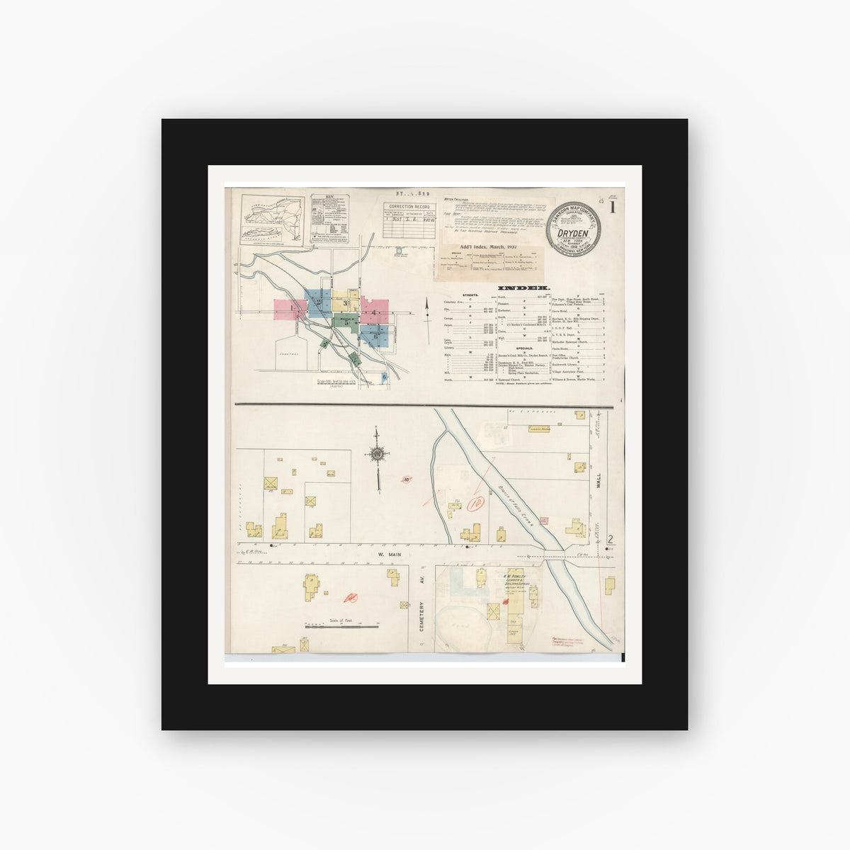 Old map wall art mockup — black gallery frame with white mat — Sanborn Fire Insurance Map from Dryden, Tompkins County, New York (1937) - Complete Map Set