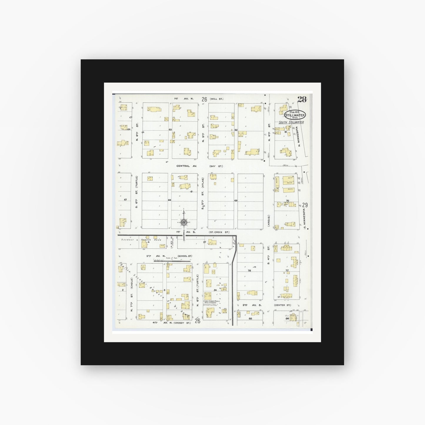 Old map wall art mockup — black gallery frame with white mat — Sanborn Fire Insurance Map from Stillwater, Washington County, Minnesota (1910), Sheet #0028