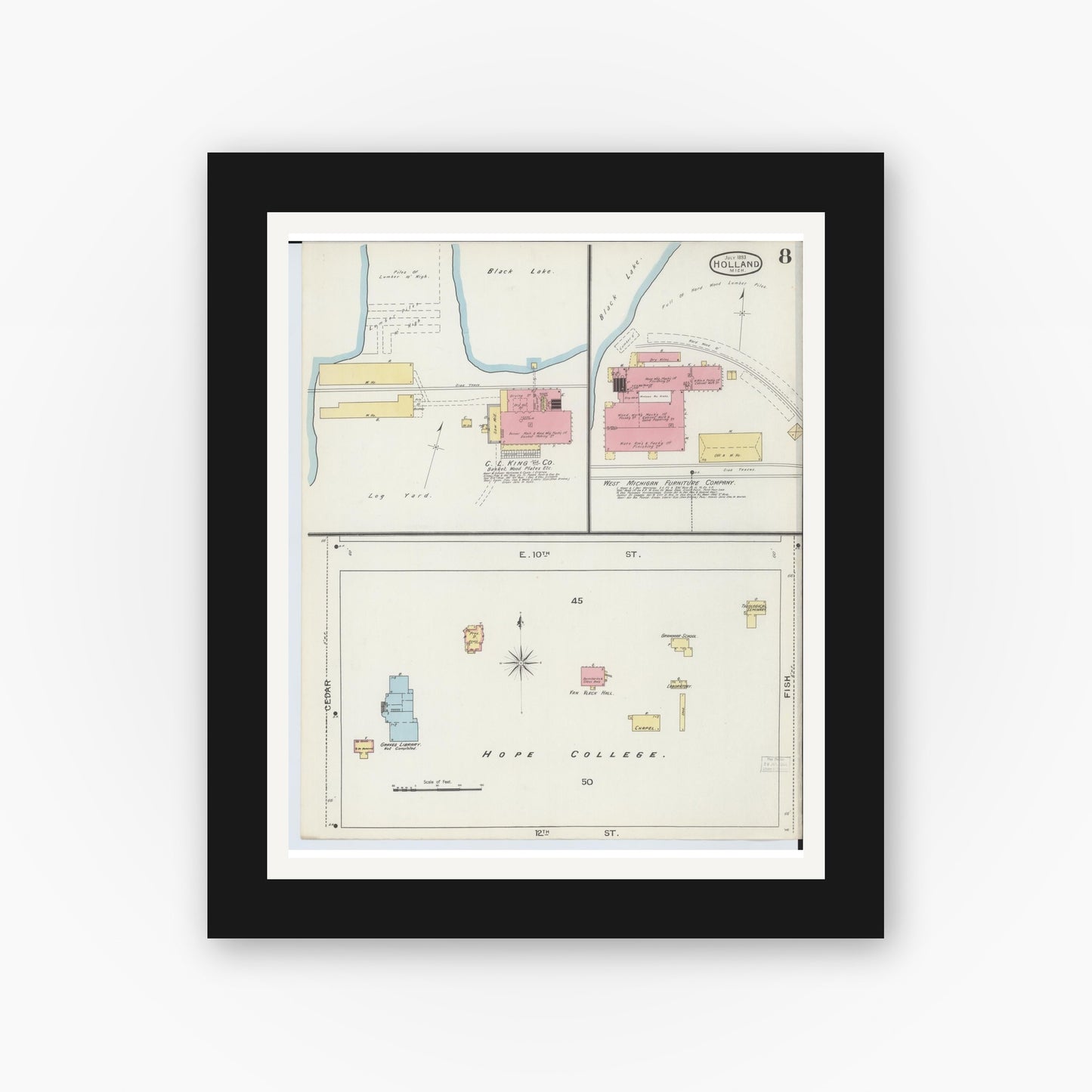Old map wall art mockup — black gallery frame with white mat — Sanborn Fire Insurance Map from Holland, Ottawa County, Michigan (1893), Sheet #0008