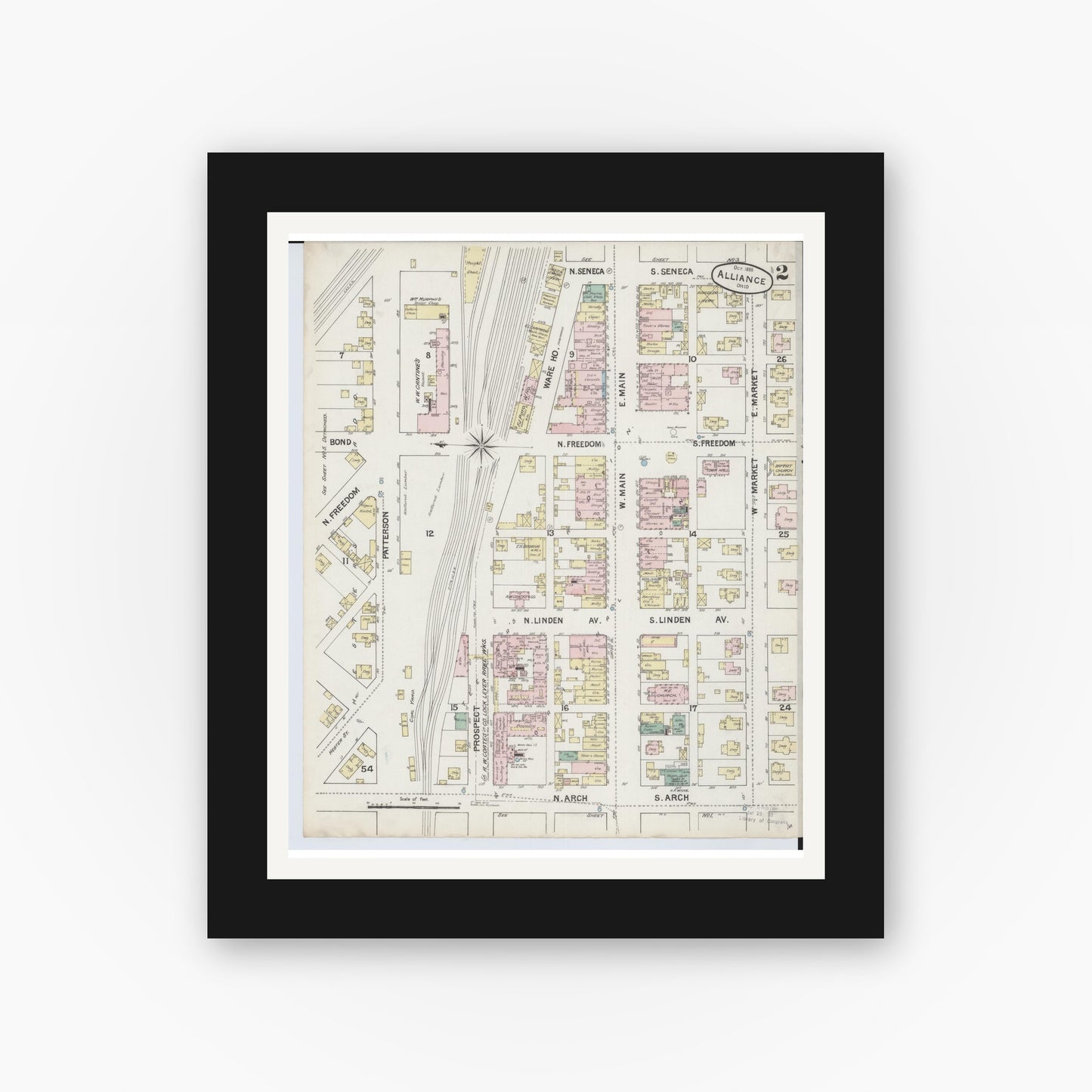 Old map wall art mockup — black gallery frame with white mat — Sanborn Fire Insurance Map from Alliance, Stark County, Ohio (1888), Sheet #0002