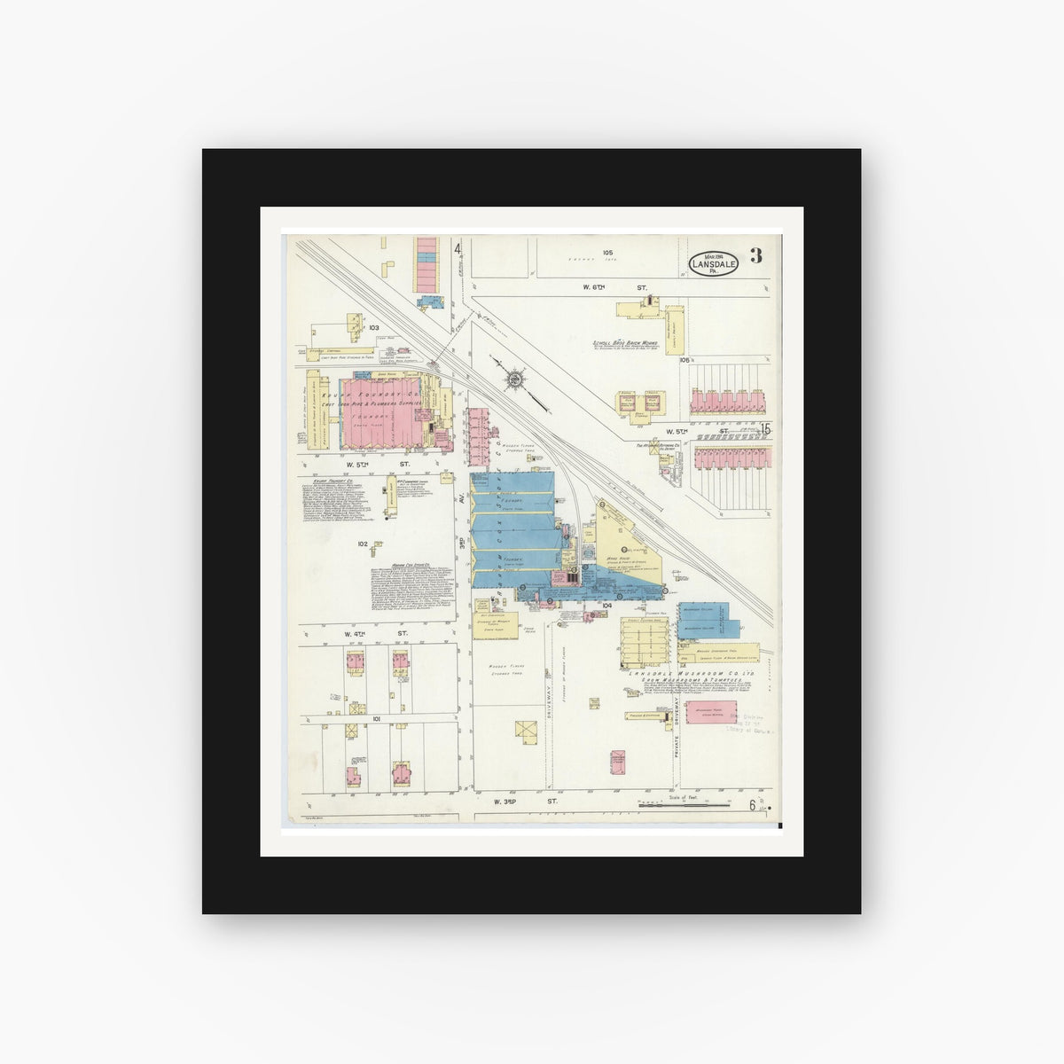 Old map wall art mockup — black gallery frame with white mat — Sanborn Fire Insurance Map from Lansdale, Montgomery County, Pennsylvania (1914), Sheet #0003