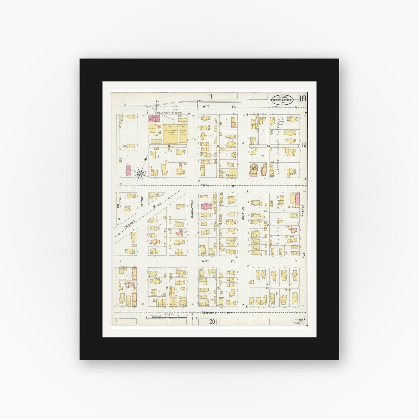 Old map wall art mockup — black gallery frame with white mat — Sanborn Fire Insurance Map from Michigan City, La Porte County, Indiana (1899), Sheet #0018