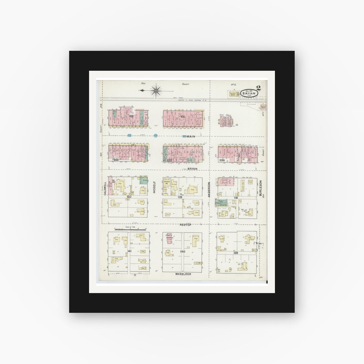 Old map wall art mockup — black gallery frame with white mat — Sanborn Fire Insurance Map from Bryan, Brazos County, Texas (1891), Sheet #0002