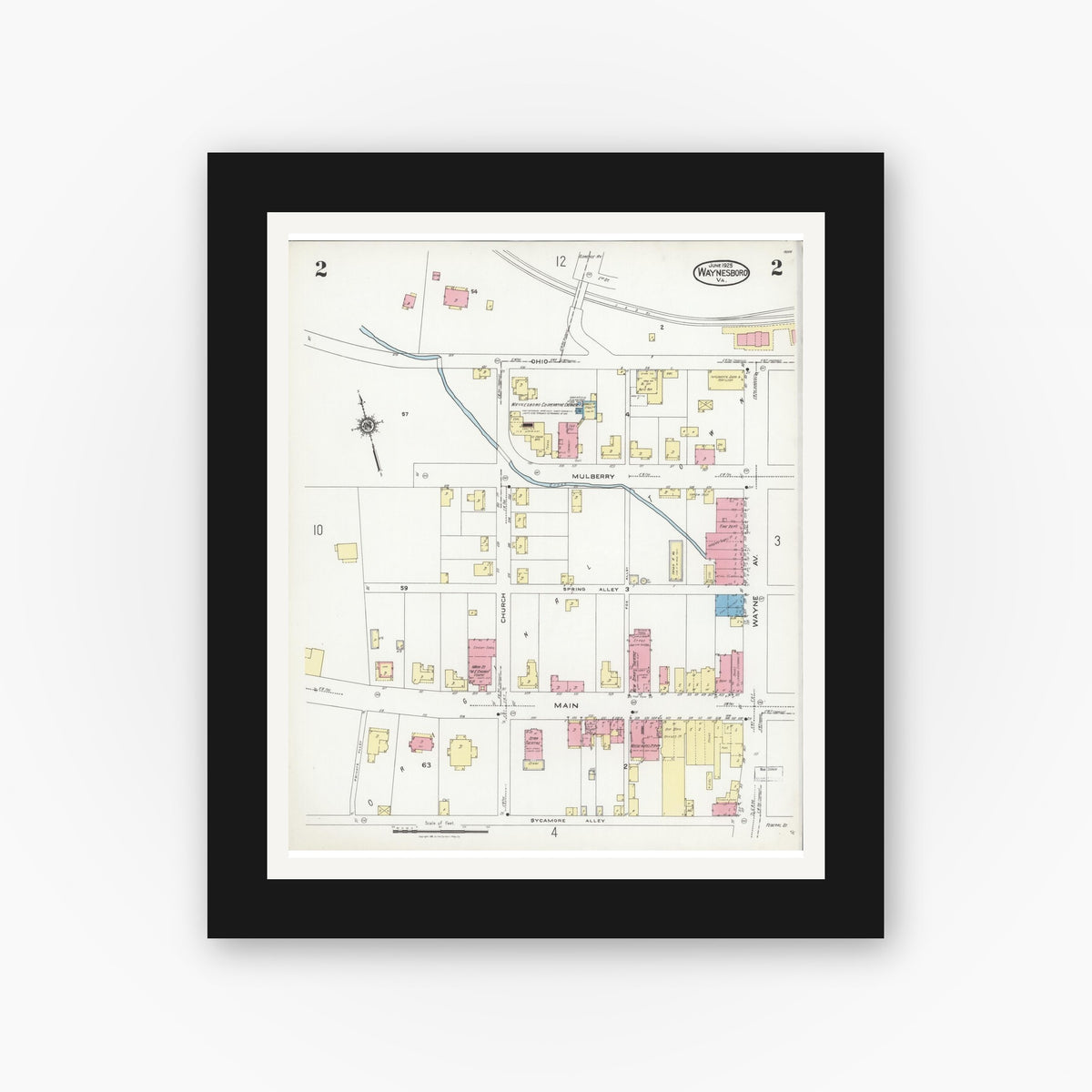 Old map wall art mockup — black gallery frame with white mat — Sanborn Fire Insurance Map from Waynesboro, Independent Cities, Virginia (1925), Sheet #0002
