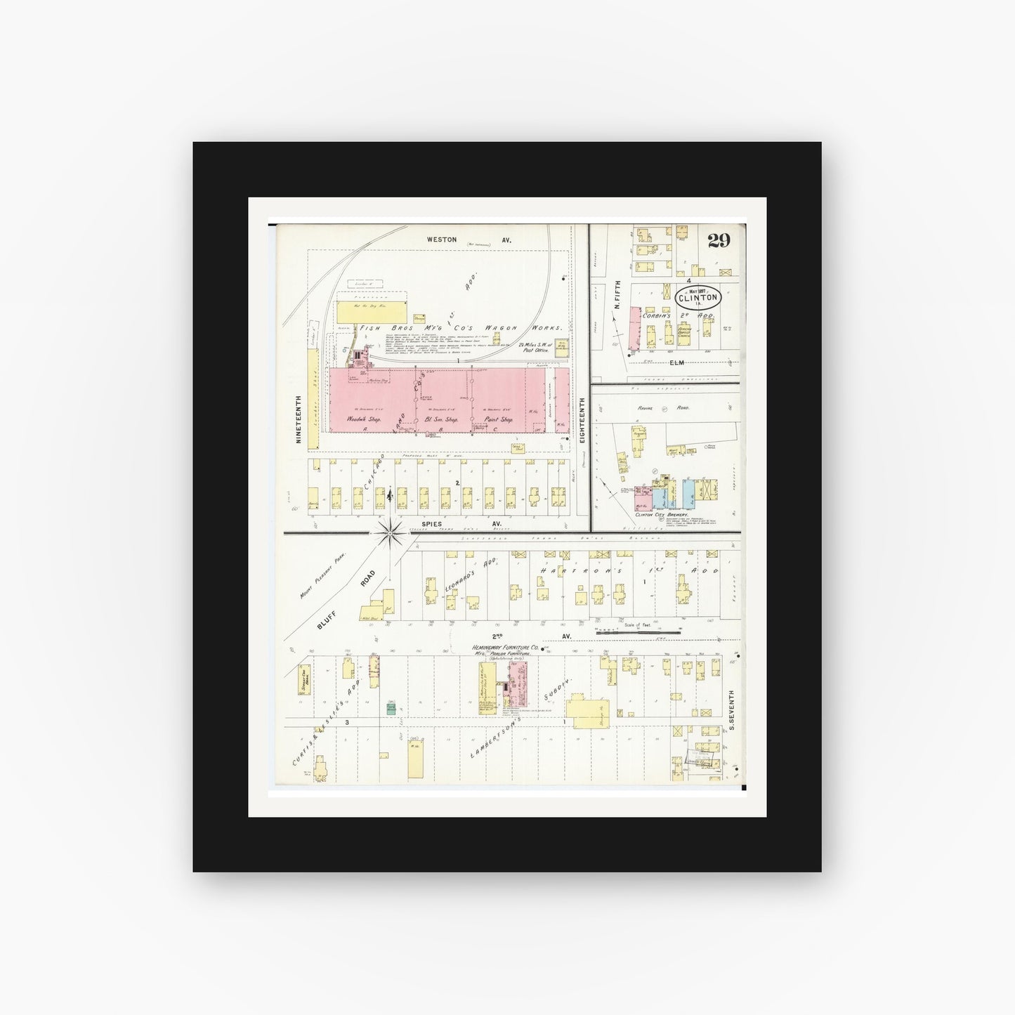 Old map wall art mockup — black gallery frame with white mat — Sanborn Fire Insurance Map from Clinton, Clinton County, Iowa (1897), Sheet #0029