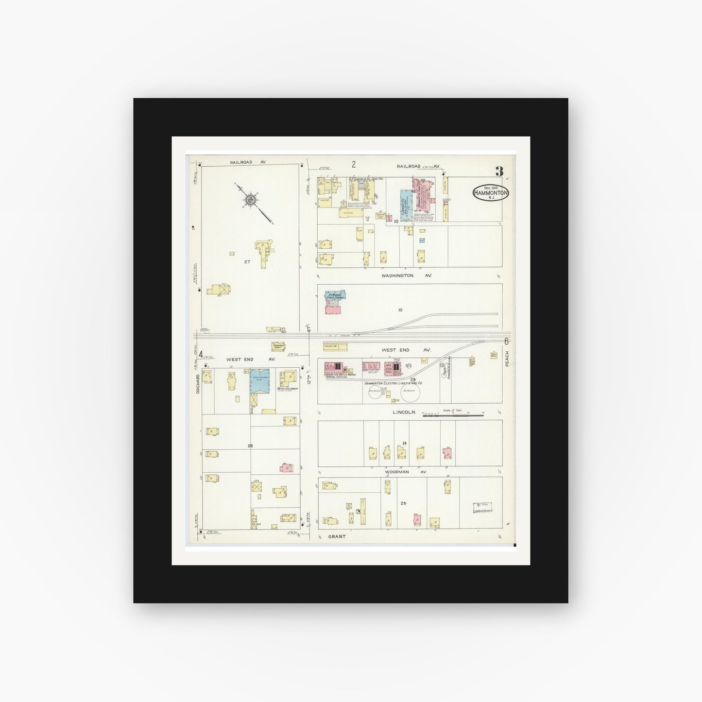 Old map wall art mockup — black gallery frame with white mat — Sanborn Fire Insurance Map from Hammonton, Atlantic County, New Jersey (1914), Sheet #0003