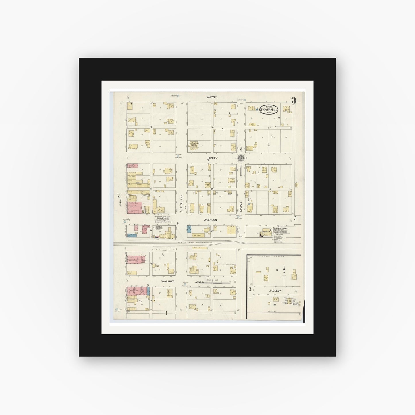 Old map wall art mockup — black gallery frame with white mat — Sanborn Fire Insurance Map from Grover Hill, Paulding County, Ohio (1913), Sheet #0003