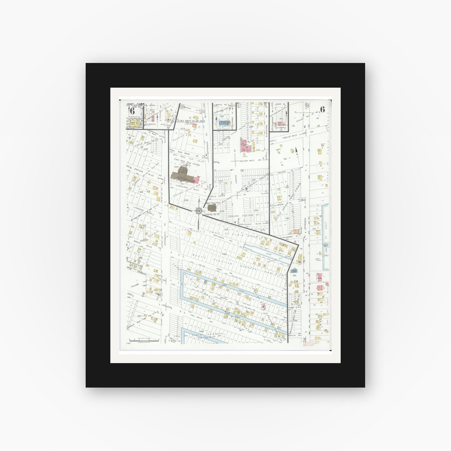 Old map wall art mockup — black gallery frame with white mat — Sanborn Fire Insurance Map from Saint Clair Shores, Macomb County, Michigan (1933), Sheet #0006