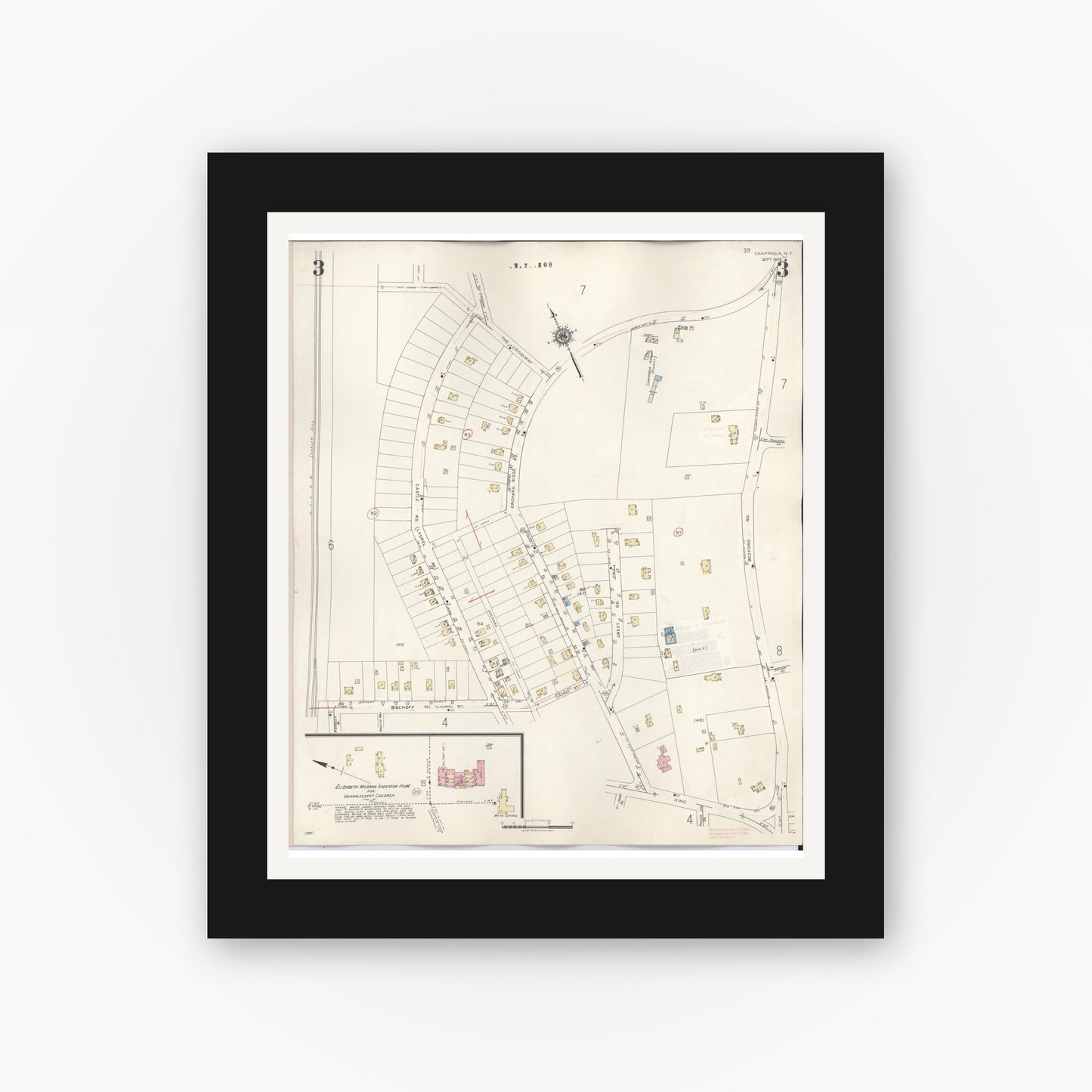 Old map wall art mockup — black gallery frame with white mat — Sanborn Fire Insurance Map from Chappaqua, Westchester County, New York (1947), Sheet #0003