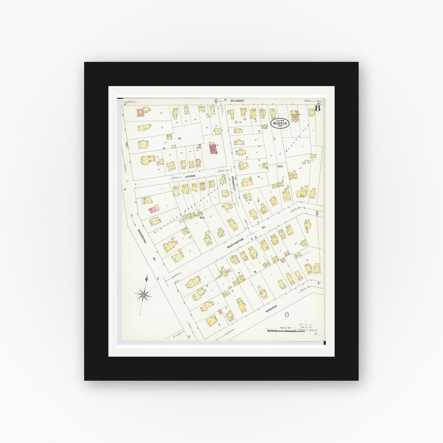 Old map wall art mockup — black gallery frame with white mat — Sanborn Fire Insurance Map from Warren, Trumbull County, Ohio (1908), Sheet #0008