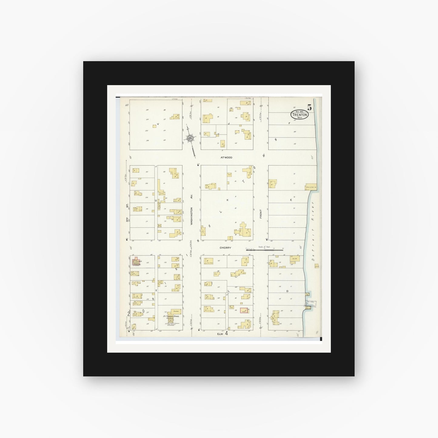 Old map wall art mockup — black gallery frame with white mat — Sanborn Fire Insurance Map from Trenton, Wayne County, Michigan (1912), Sheet #0005