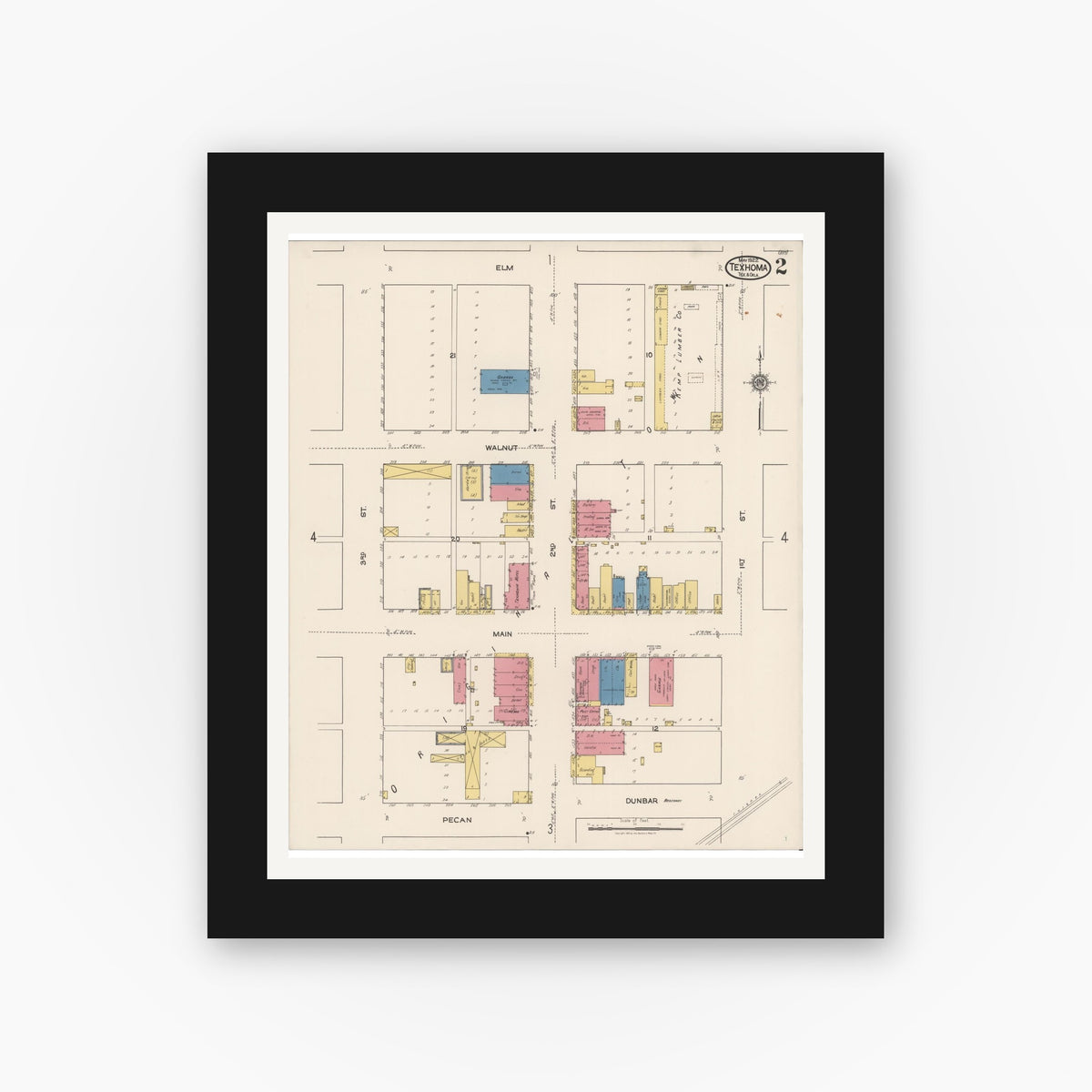 Old map wall art mockup — black gallery frame with white mat — Sanborn Fire Insurance Map from Texhoma, Texas County, Oklahoma and Sherman County, Texas, Texas (1922), Sheet #0002