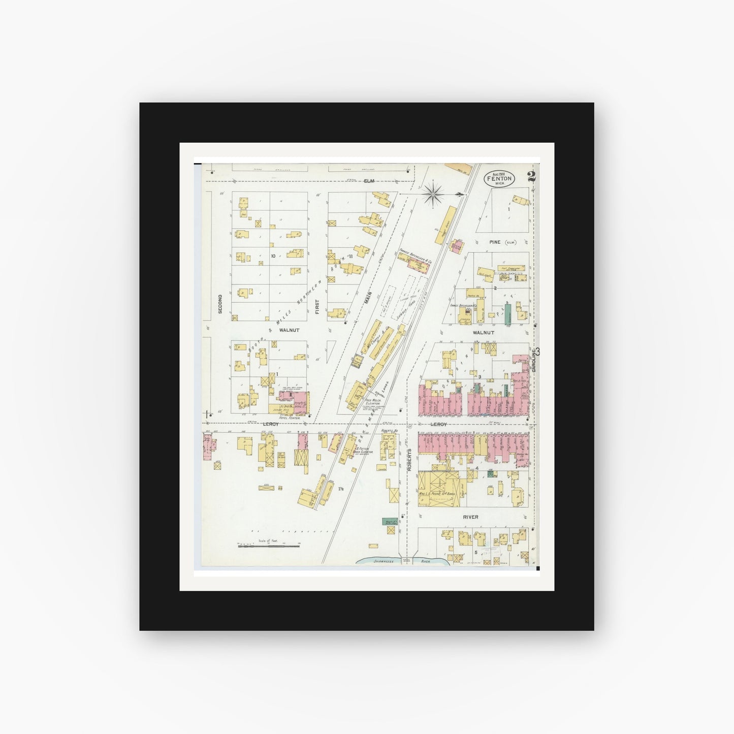 Old map wall art mockup — black gallery frame with white mat — Sanborn Fire Insurance Map from Fenton, Genesee County, Michigan (1901), Sheet #0002
