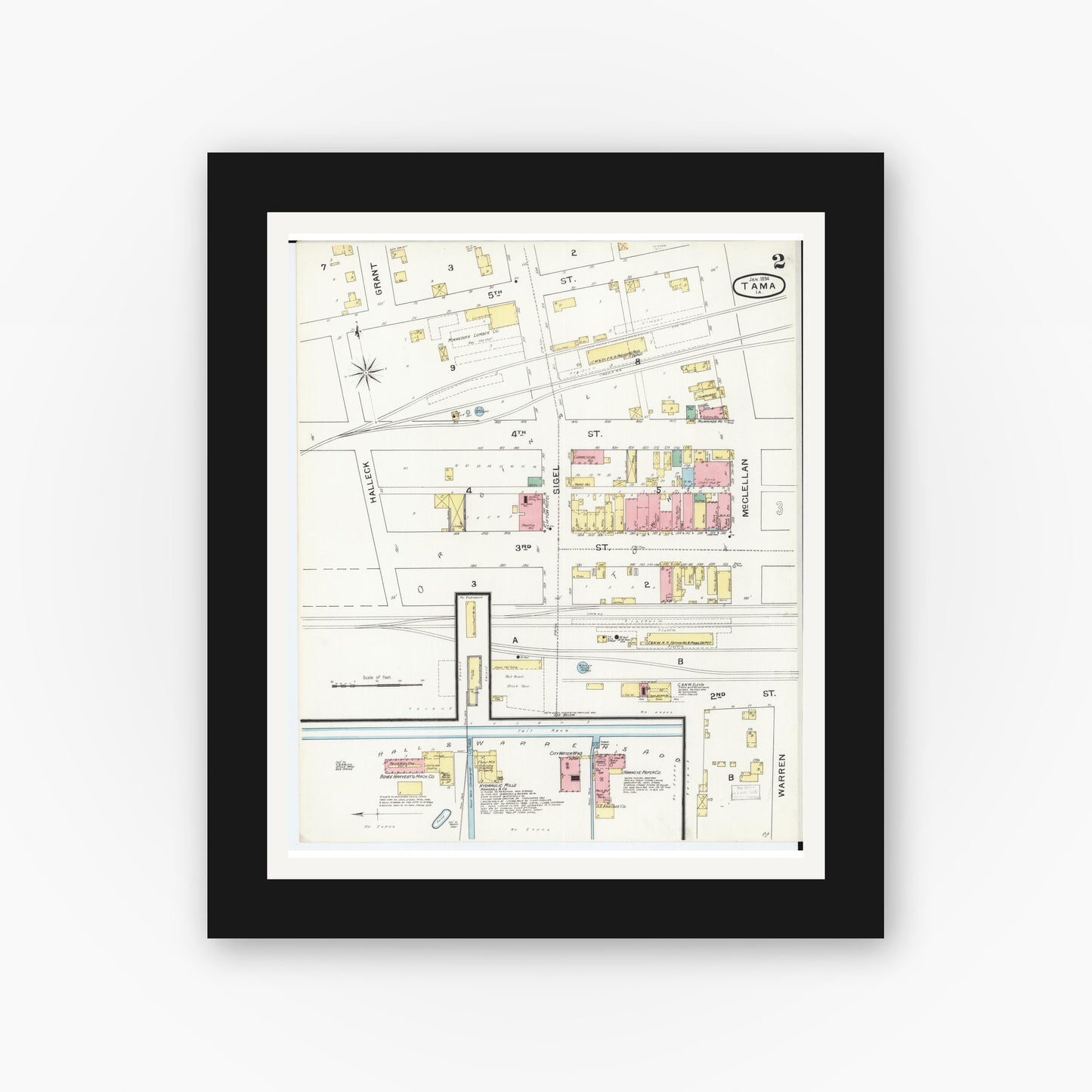 Old map wall art mockup — black gallery frame with white mat — Sanborn Fire Insurance Map from Tama, Tama County, Iowa (1894), Sheet #0002