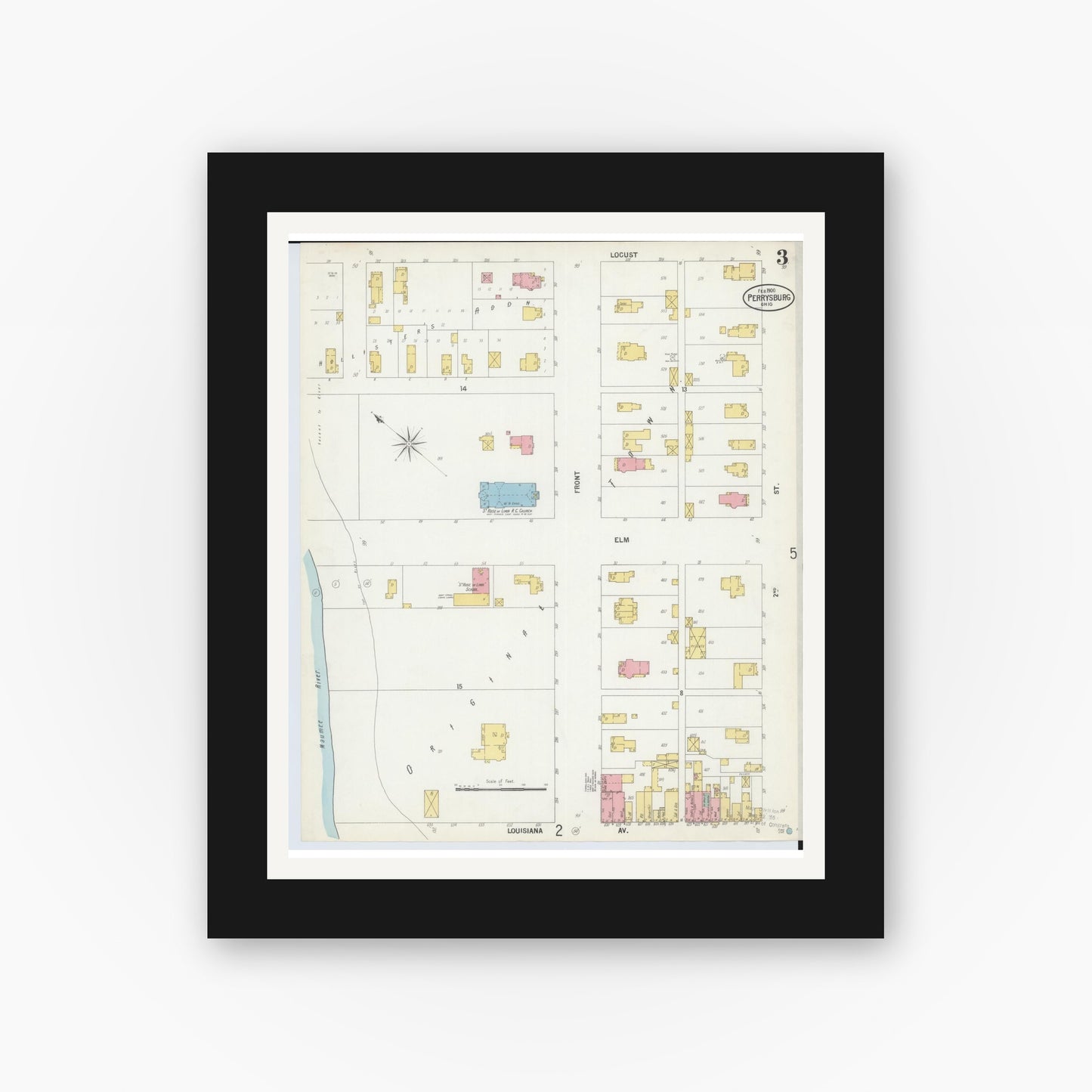 Old map wall art mockup — black gallery frame with white mat — Sanborn Fire Insurance Map from Perrysburg, Wood County, Ohio (1900), Sheet #0003