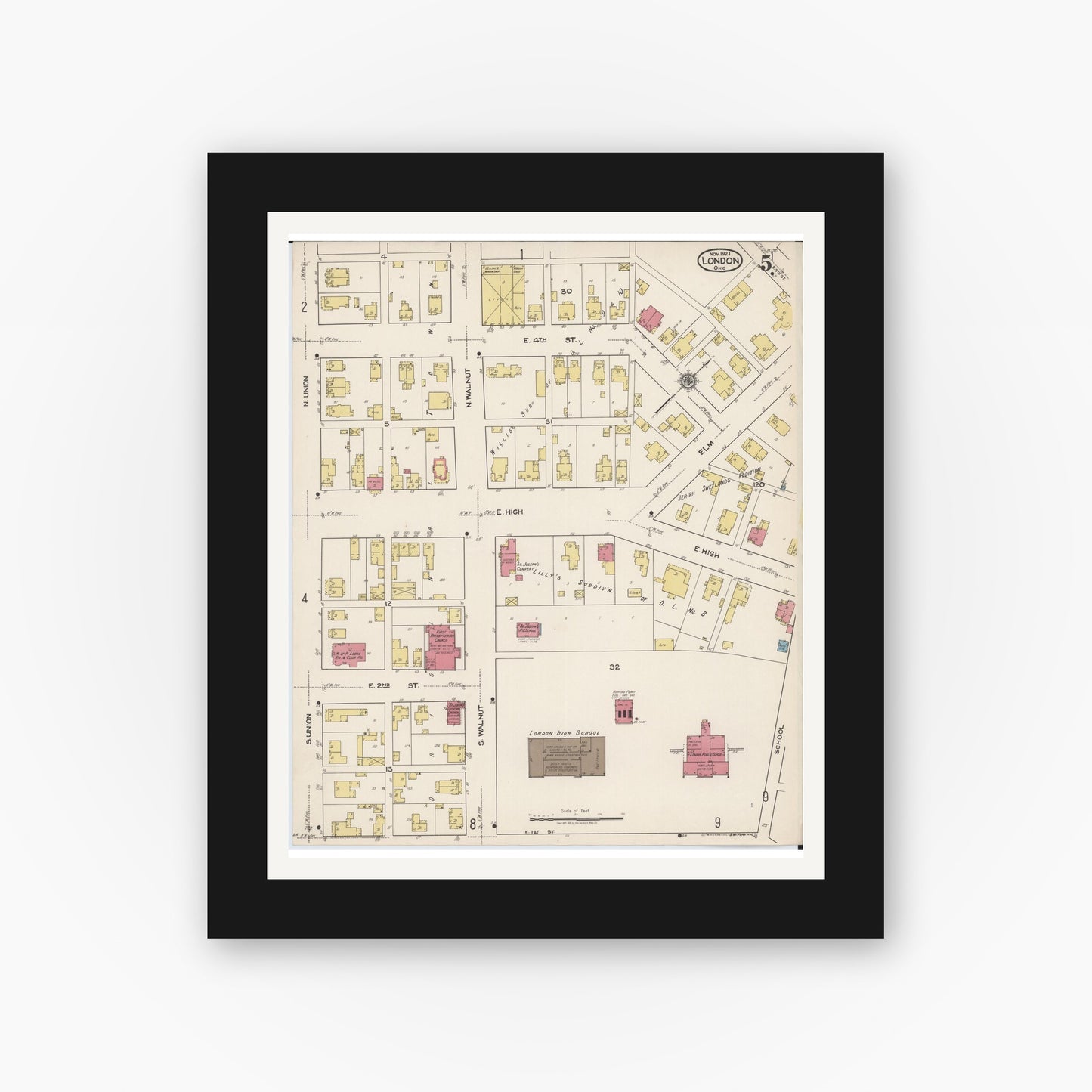 Old map wall art mockup — black gallery frame with white mat — Sanborn Fire Insurance Map from London, Madison County, Ohio (1921), Sheet #0005