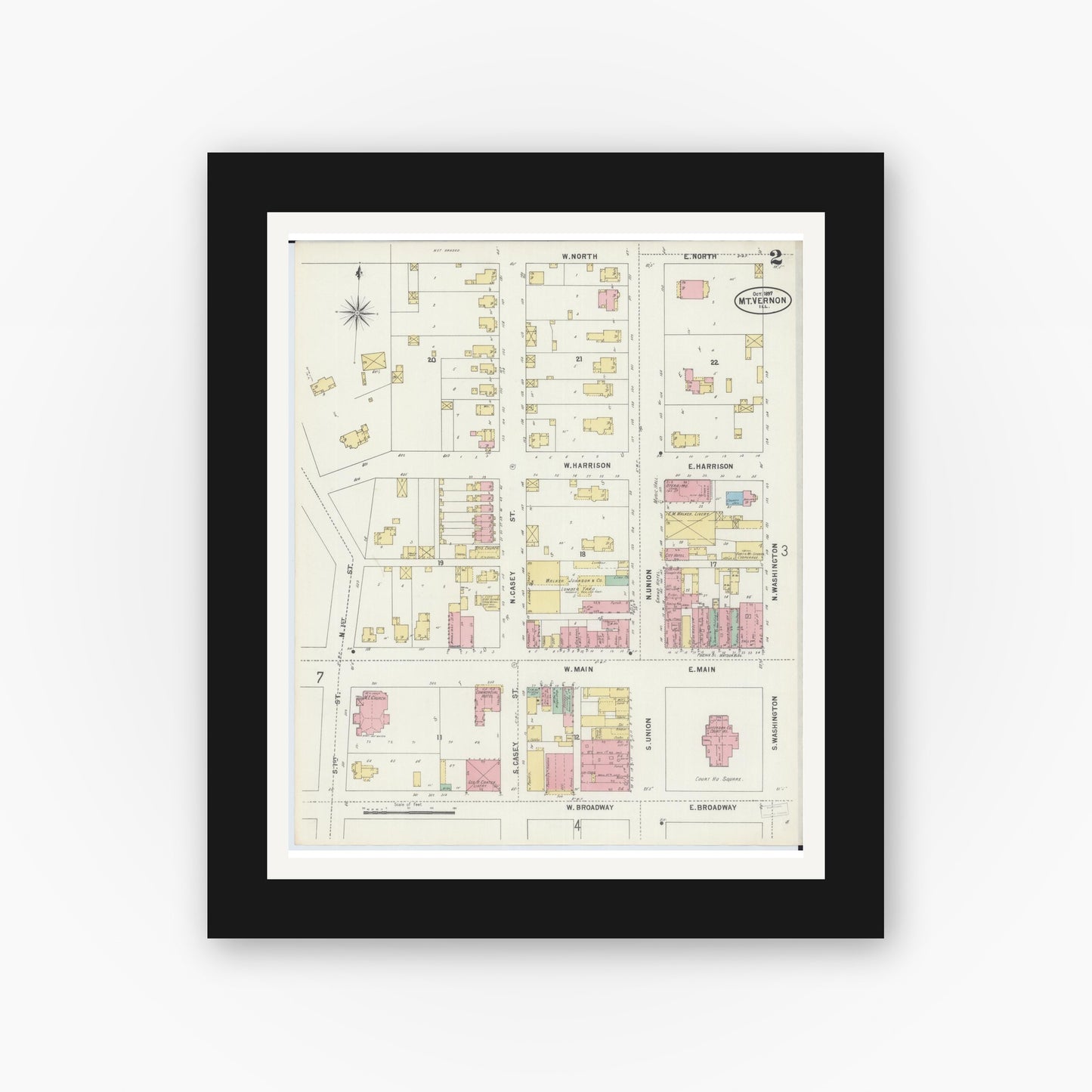 Old map wall art mockup — black gallery frame with white mat — Sanborn Fire Insurance Map from Mount Vernon, Jefferson County, Illinois (1897), Sheet #0002