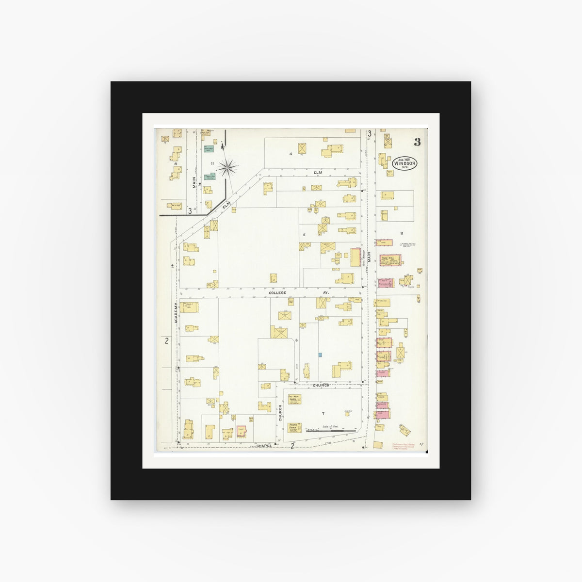 Old map wall art mockup — black gallery frame with white mat — Sanborn Fire Insurance Map from Windsor, Broome County, New York (1905), Sheet #0003