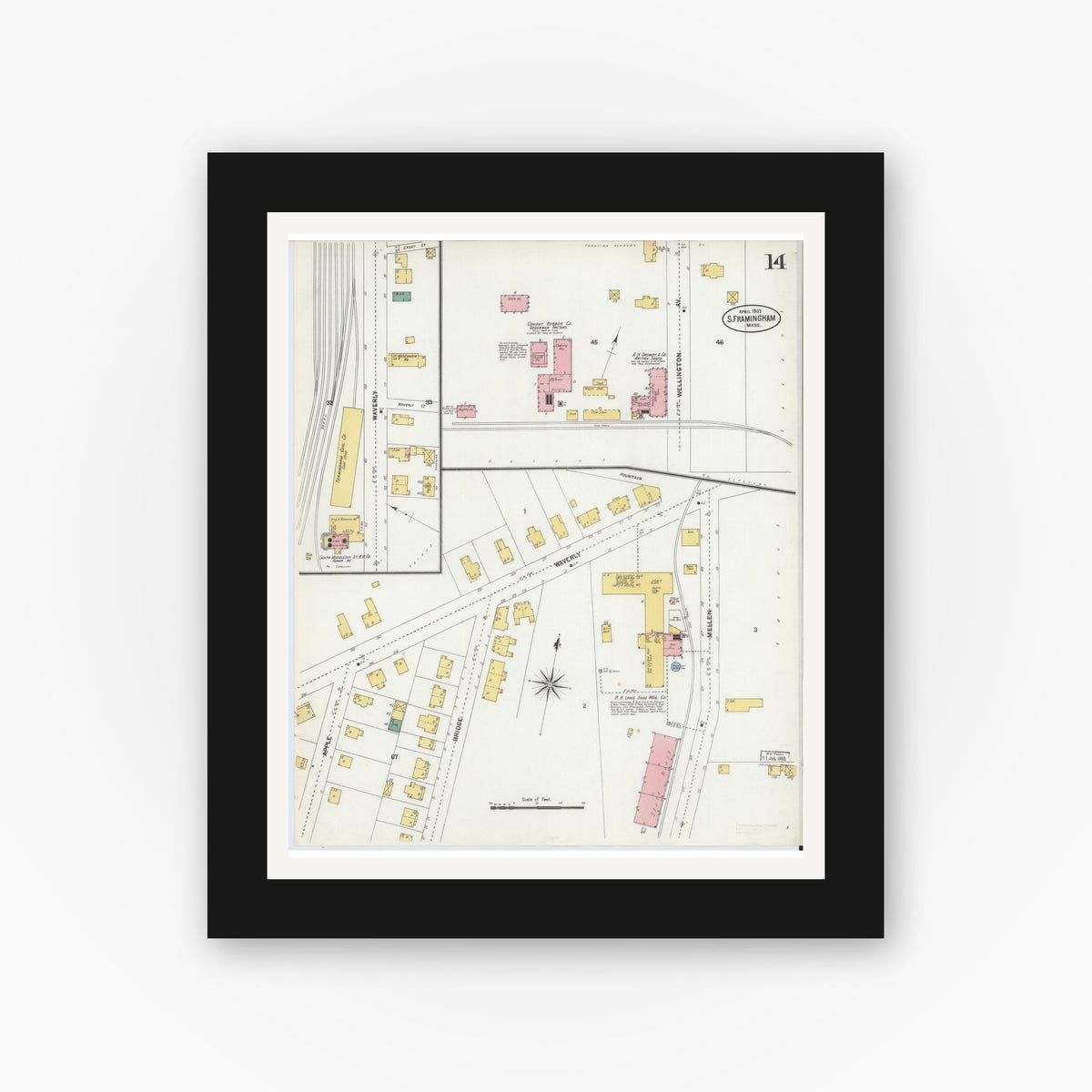 Old map wall art mockup — black gallery frame with white mat — Sanborn Fire Insurance Map from South Farmington, Middlesex County, Massachusetts (1903), Sheet #0014