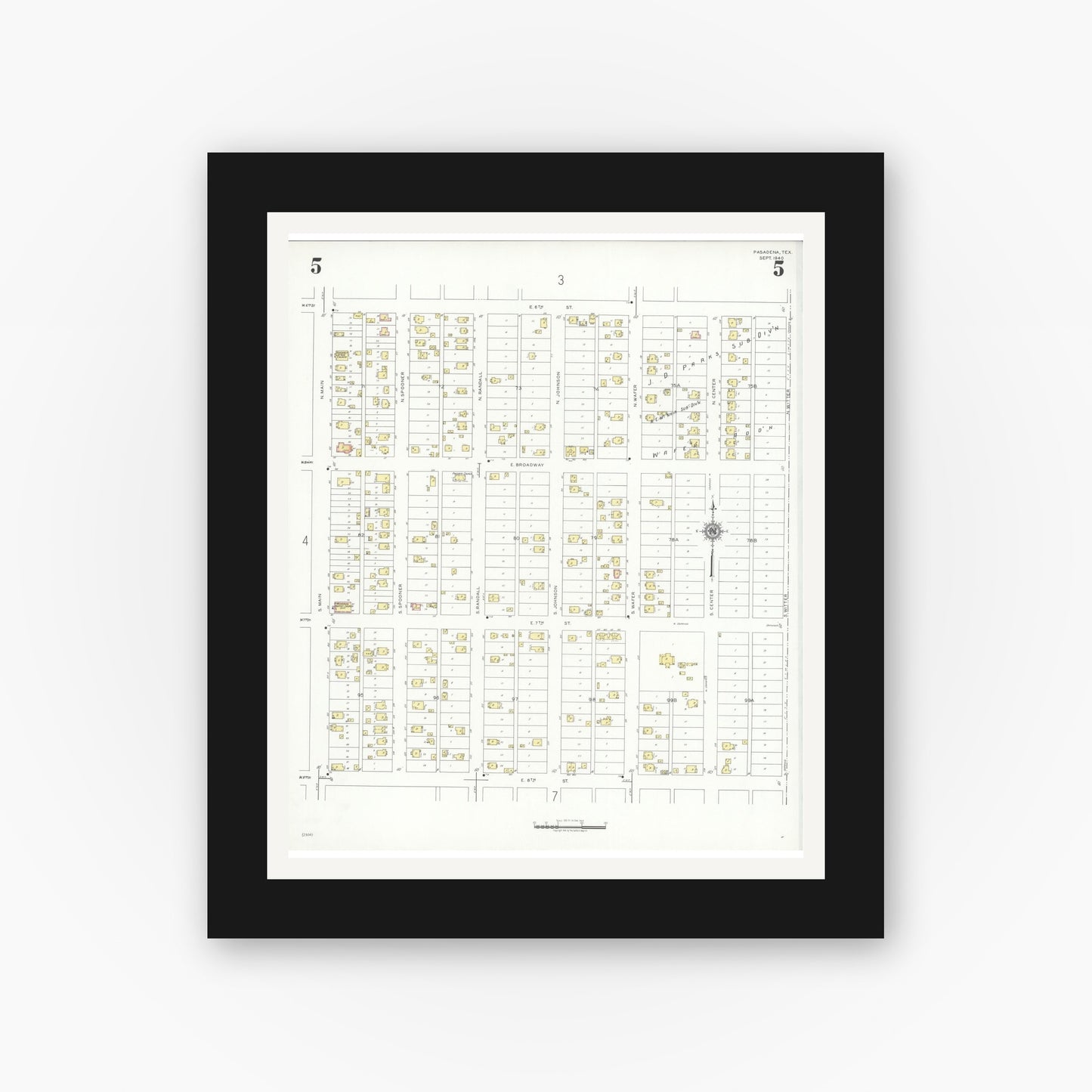 Old map wall art mockup — black gallery frame with white mat — Sanborn Fire Insurance Map from Pasadena, Harris County, Texas (1940), Sheet #0005