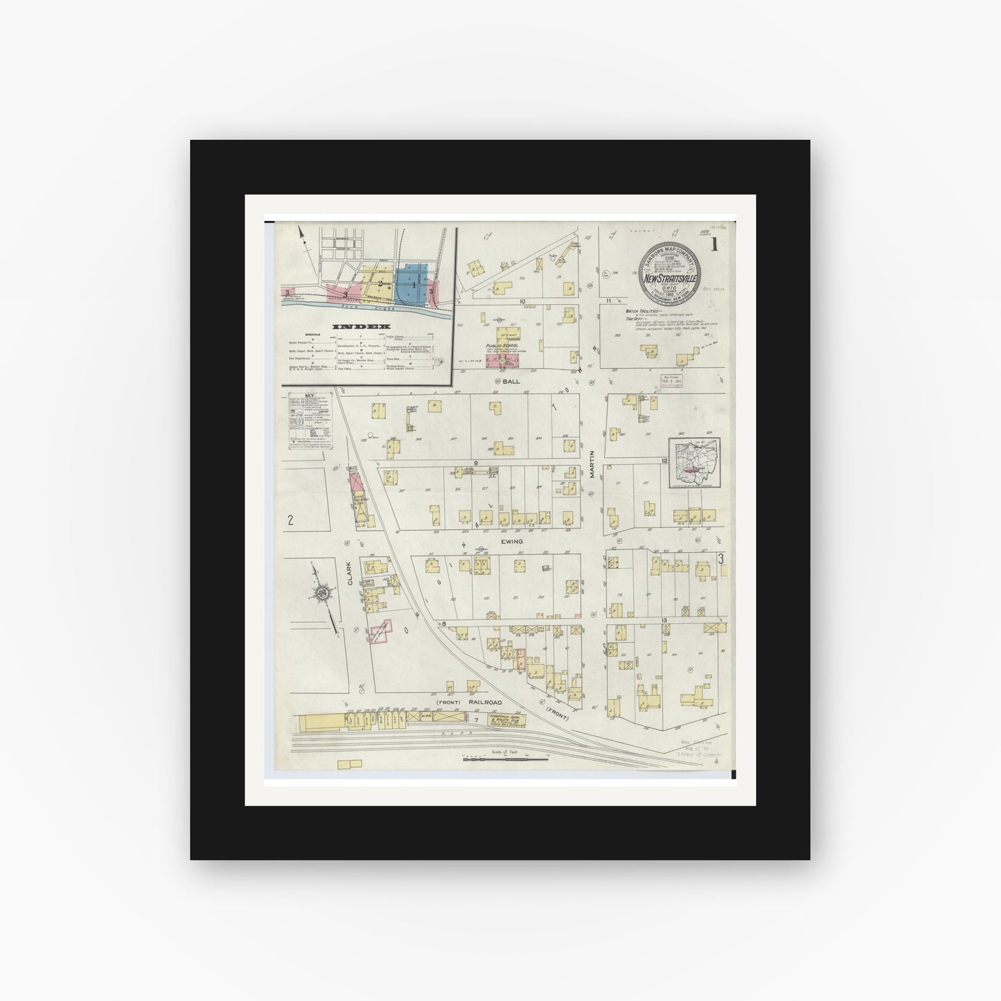 Old map wall art mockup β black gallery frame with white mat β Sanborn Fire Insurance Map from New Straitsville, Perry County, Ohio (1913) - Complete Map Set