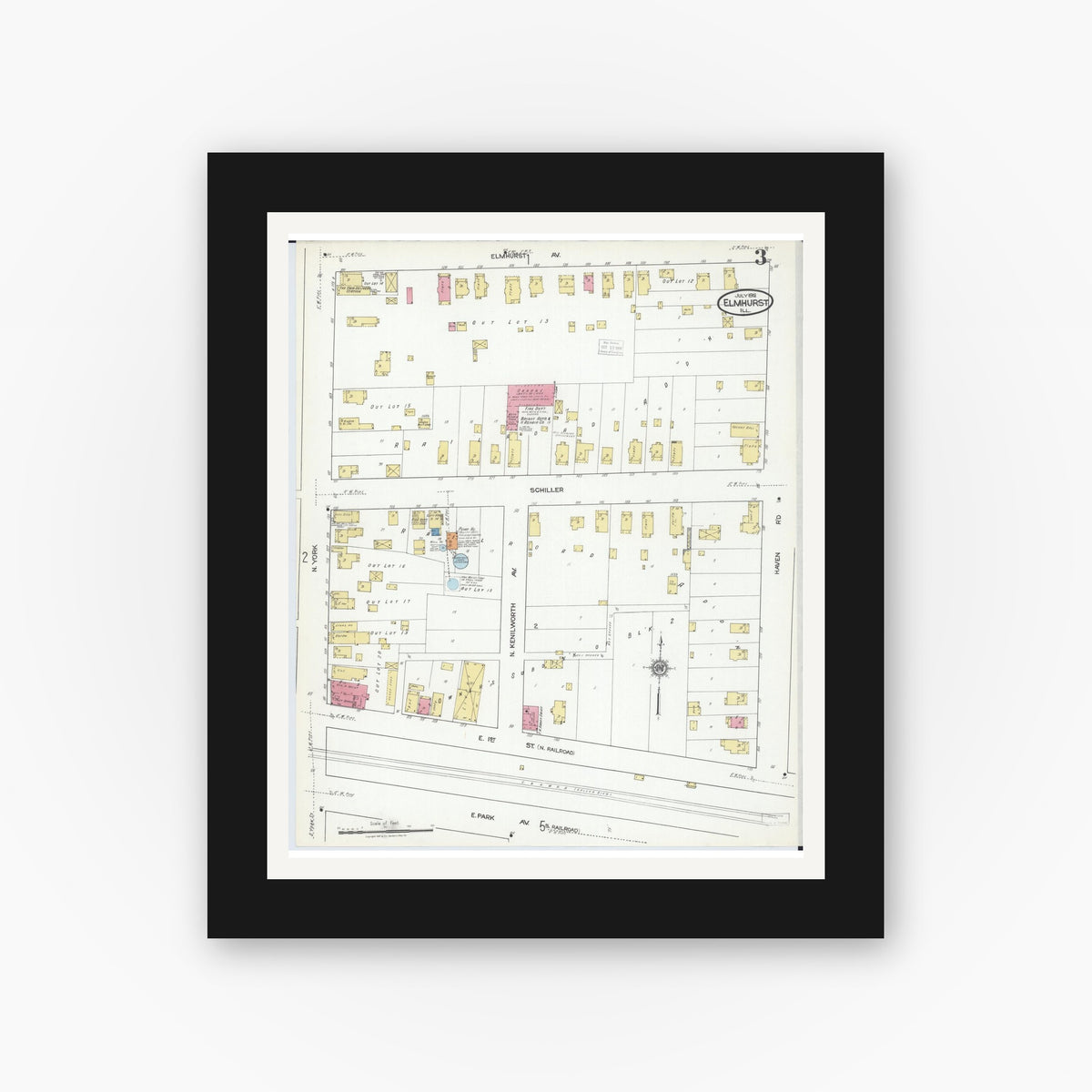 Old map wall art mockup — black gallery frame with white mat — Sanborn Fire Insurance Map from Elmhurst, Du Page County, Illinois (1918), Sheet #0003