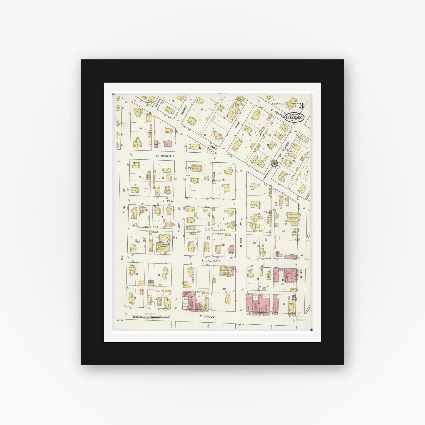 Old map wall art mockup — black gallery frame with white mat — Sanborn Fire Insurance Map from Eldorado, Saline County, Illinois (1919), Sheet #0003