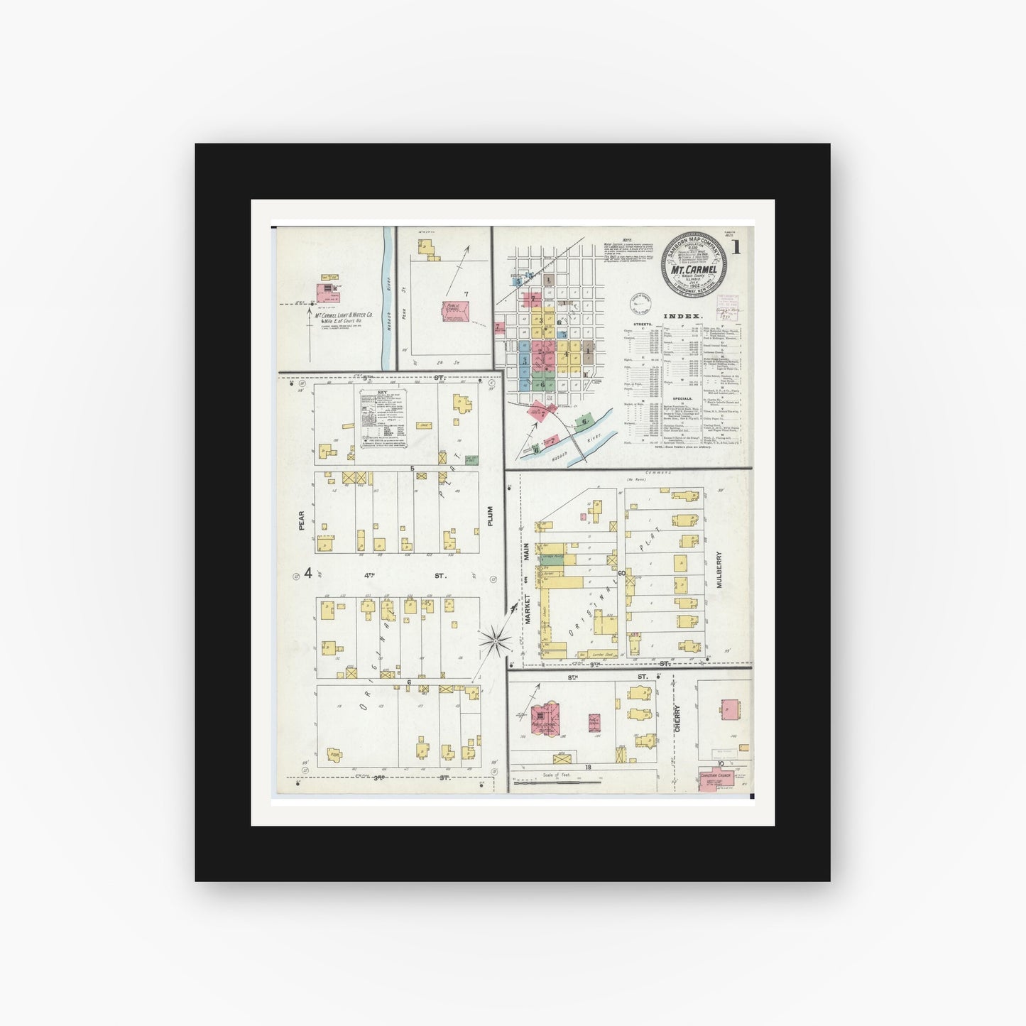 Old map wall art mockup — black gallery frame with white mat — Sanborn Fire Insurance Map from Mount Carmel, Wabash County, Illinois (1902) - Complete Map Set