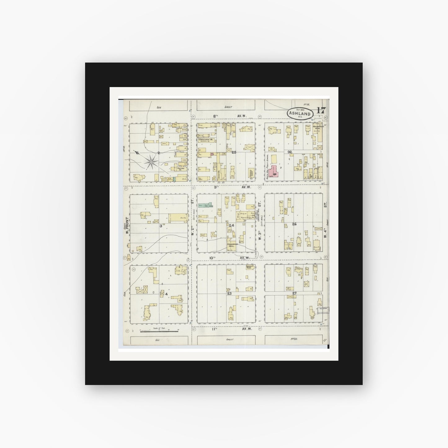 Old map wall art mockup — black gallery frame with white mat — Sanborn Fire Insurance Map from Ashland, Ashland County, Wisconsin (1890), Sheet #0017