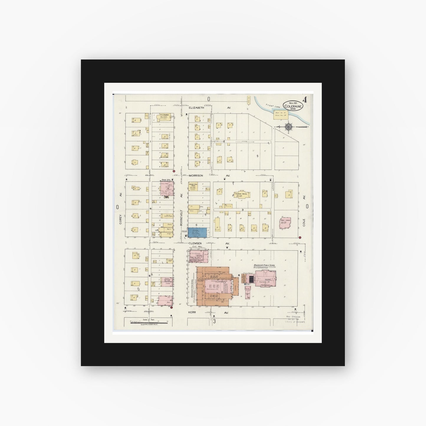 Old map wall art mockup — black gallery frame with white mat — Sanborn Fire Insurance Map from Coleraine, Itasca County, Minnesota (1921), Sheet #0004