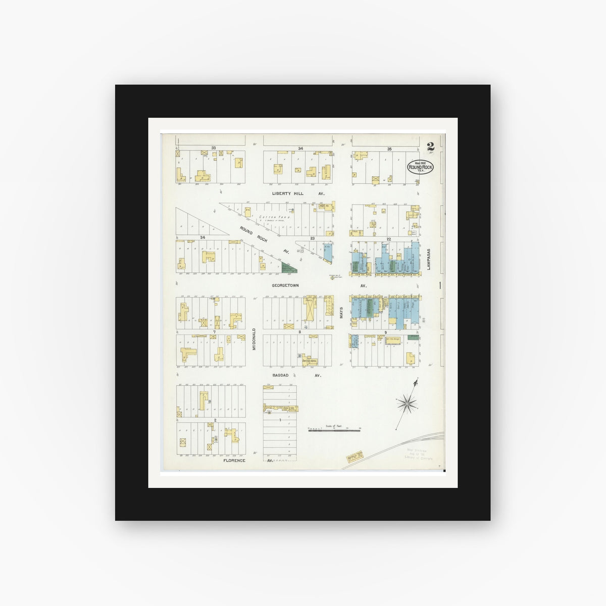 Old map wall art mockup — black gallery frame with white mat — Sanborn Fire Insurance Map from Round Rock, Williamson County, Texas (1902), Sheet #0002