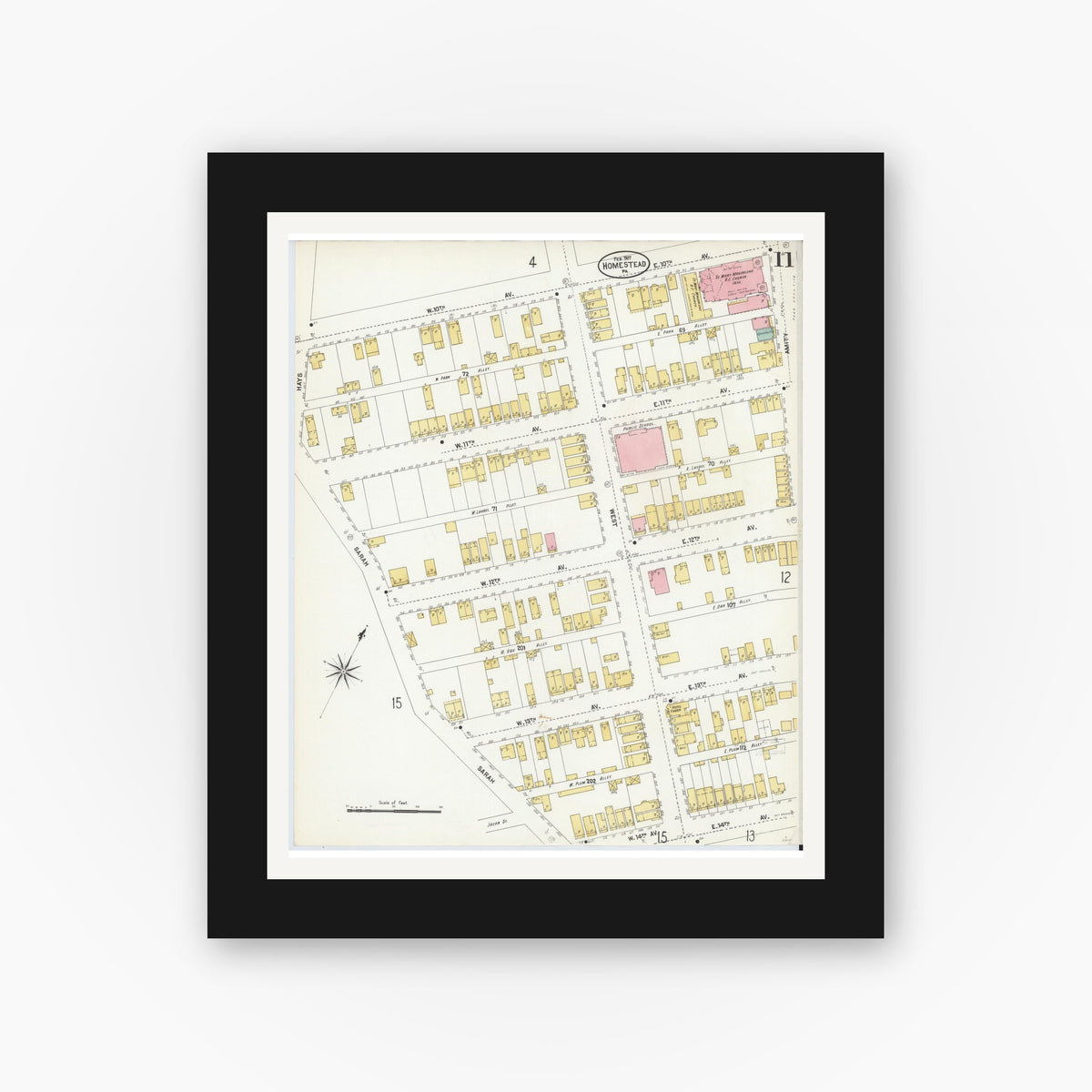 Old map wall art mockup — black gallery frame with white mat — Sanborn Fire Insurance Map from Homestead, Allegheny County, Pennsylvania (1907), Sheet #0011