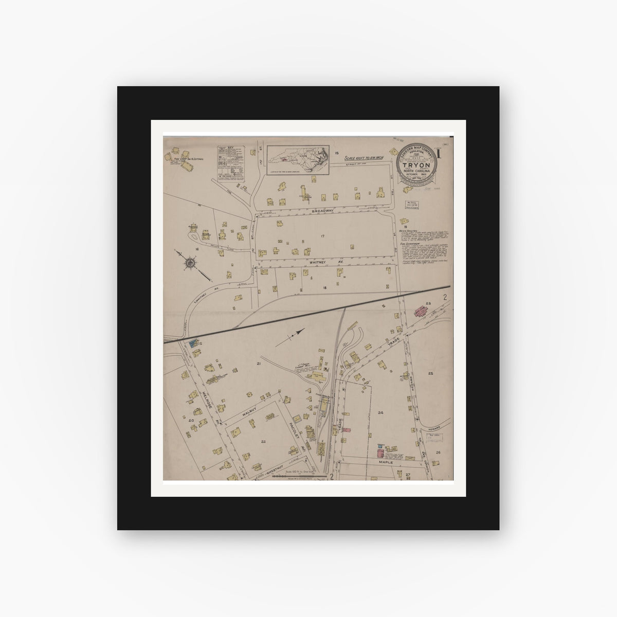 Old map wall art mockup — black gallery frame with white mat — Sanborn Fire Insurance Map from Tryon, Polk County, North Carolina (1922) - Complete Map Set